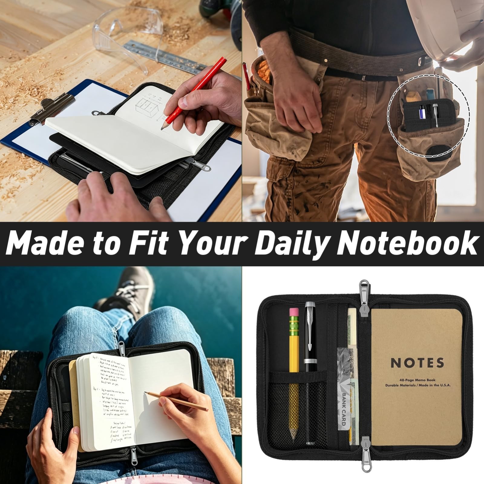 Waxed Canvas Journal Cover for Field Notes & Moleskine, YKK Zipper, Water Resist