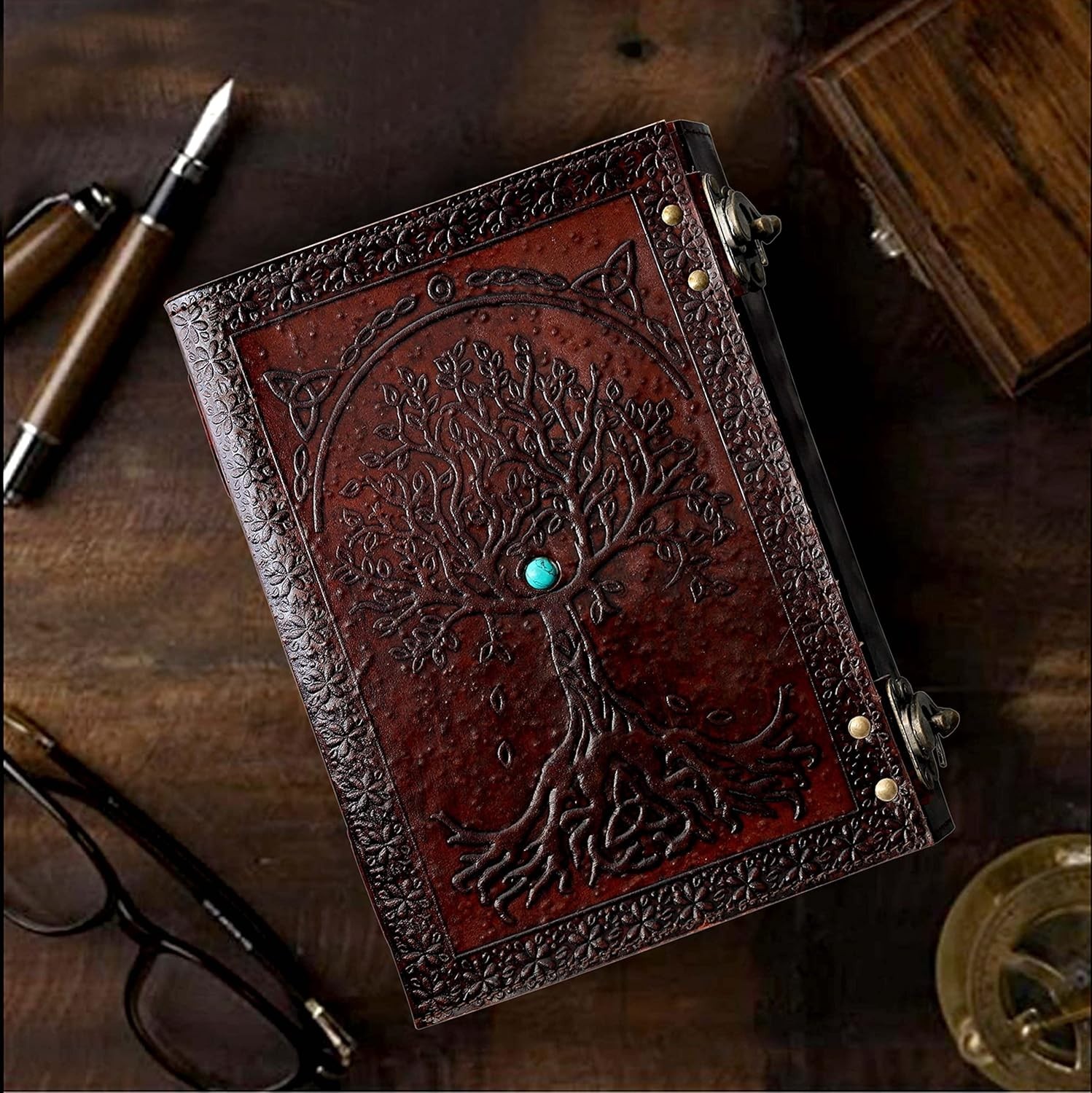 Tree of Life Leather Journal 600 Pages Embossed Notebook Blue Stone Diary