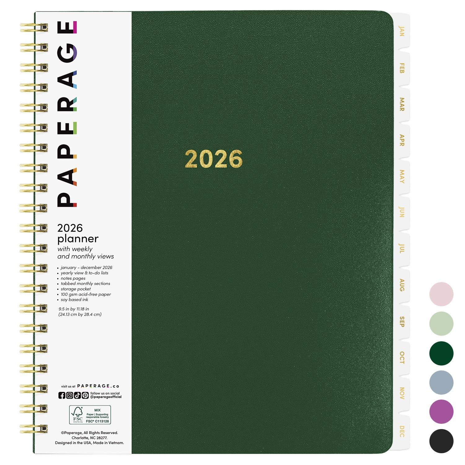 PAPERAGE 2026 Weekly & Monthly Planner, 12 Large Spiral 2026, Dark Green
