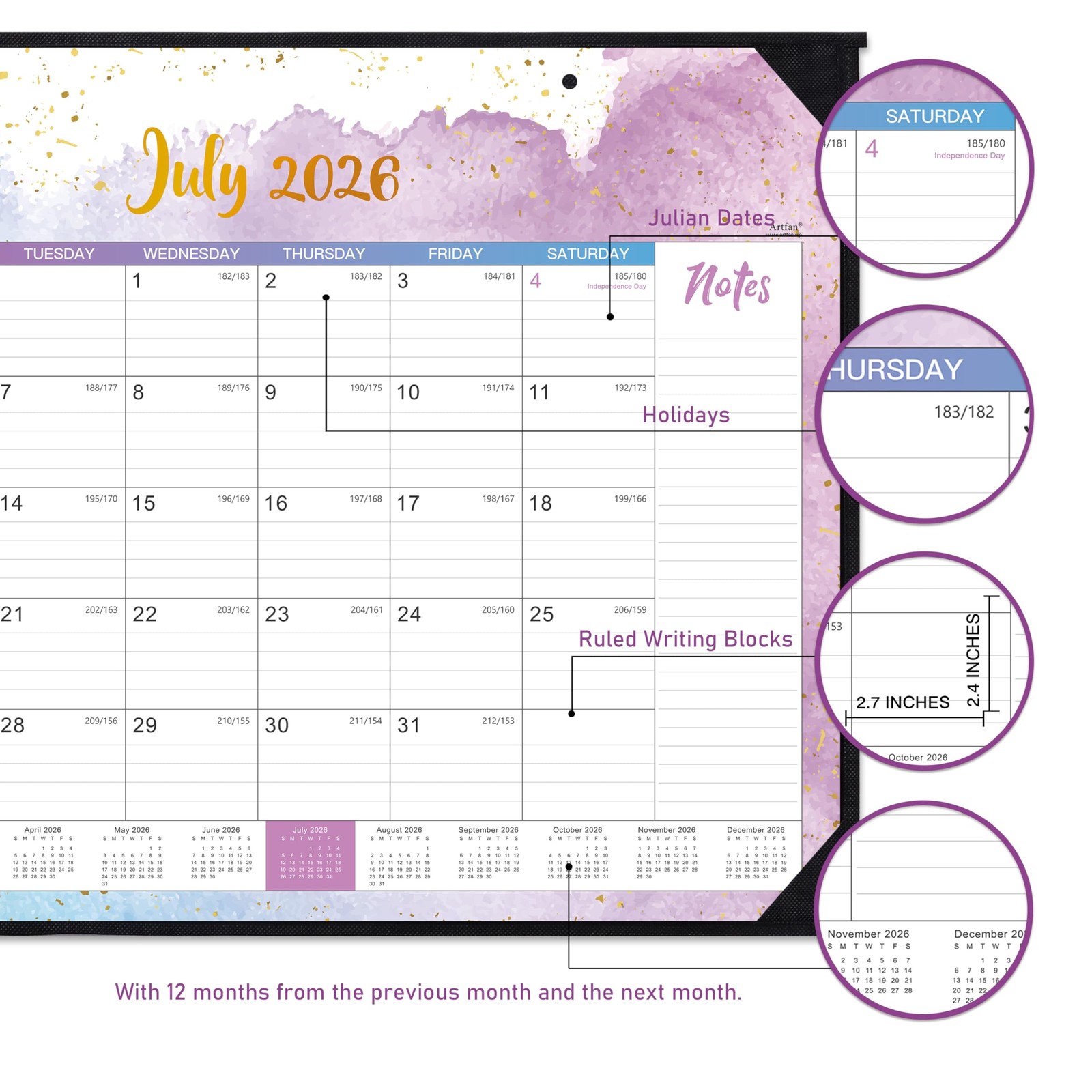 Desk Calendar 2026-2027 – 22″ x 17″, Multicolor Waterink