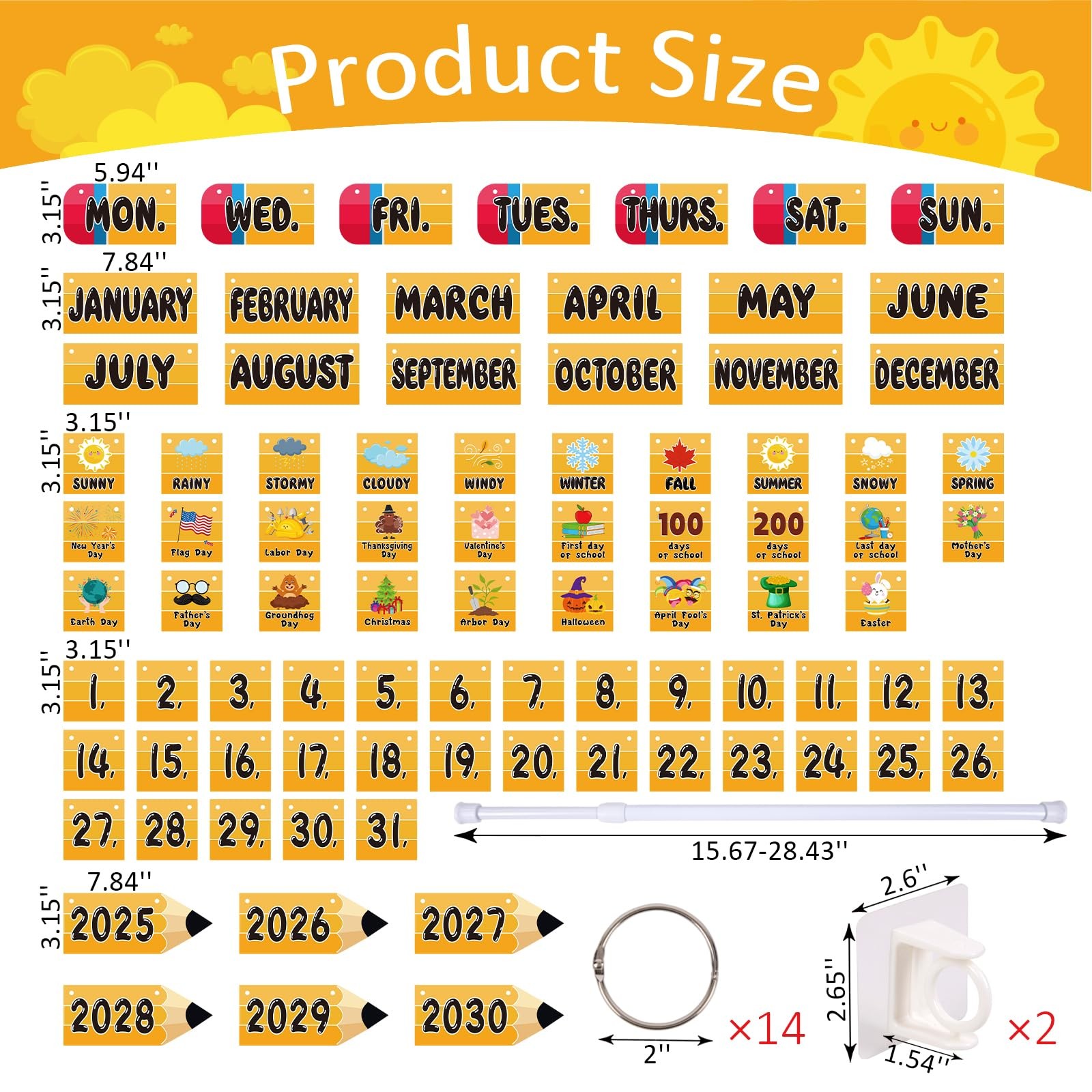 102 PCS Flip Calendar PencilShaped Bulletin Board Hanging Rod Date Card