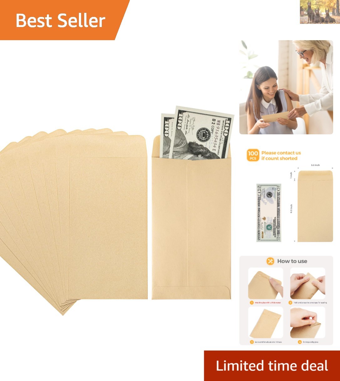 Compact 100-Pack Brown Kraft Envelopes – Perfect for Money & Small Parts Storage
