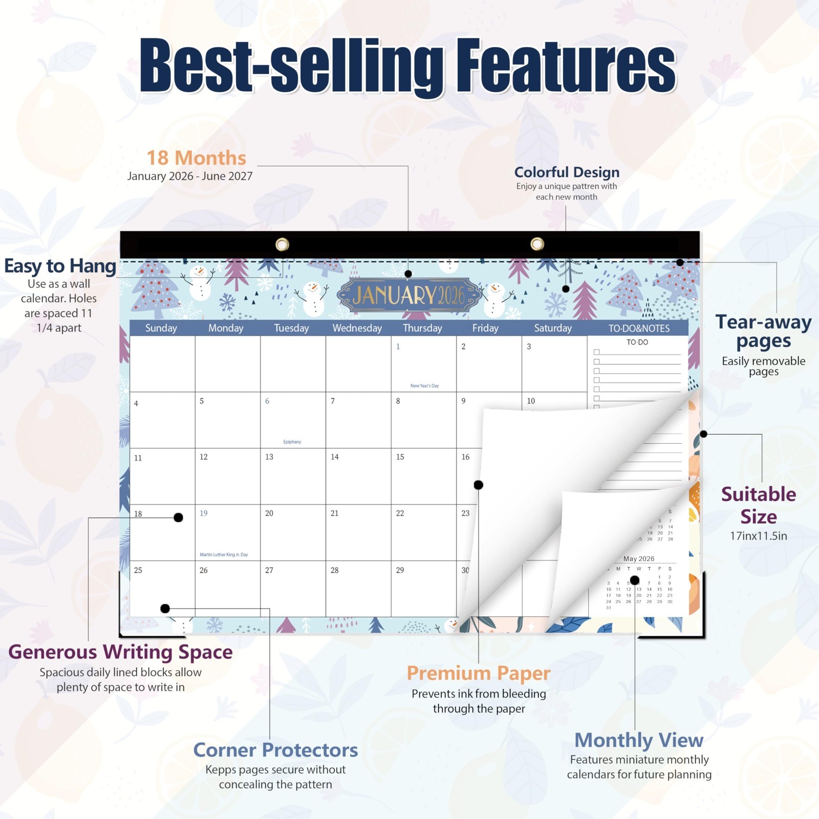 Desk Calendar 2026 2027, 18 Month Planner With Notes, Teacher Student, Blue
