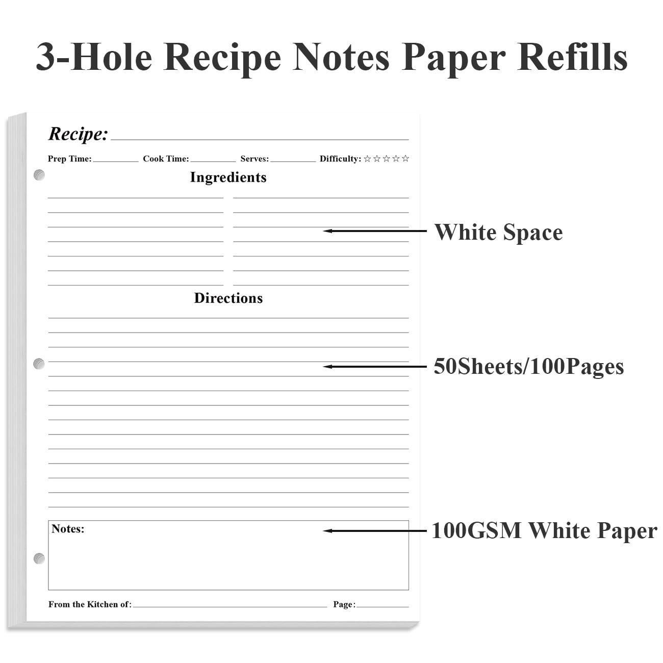 Blank Recipe Paper for A4 Binder – 3 Hole 8.5″ x 11″ (Letter), White