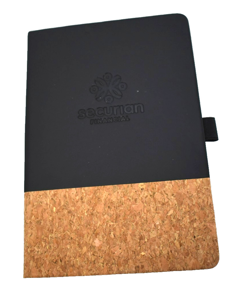 Debossed Lucca Cork Hard Cover Notebook Black Journal w/ Company Logo On Cover
