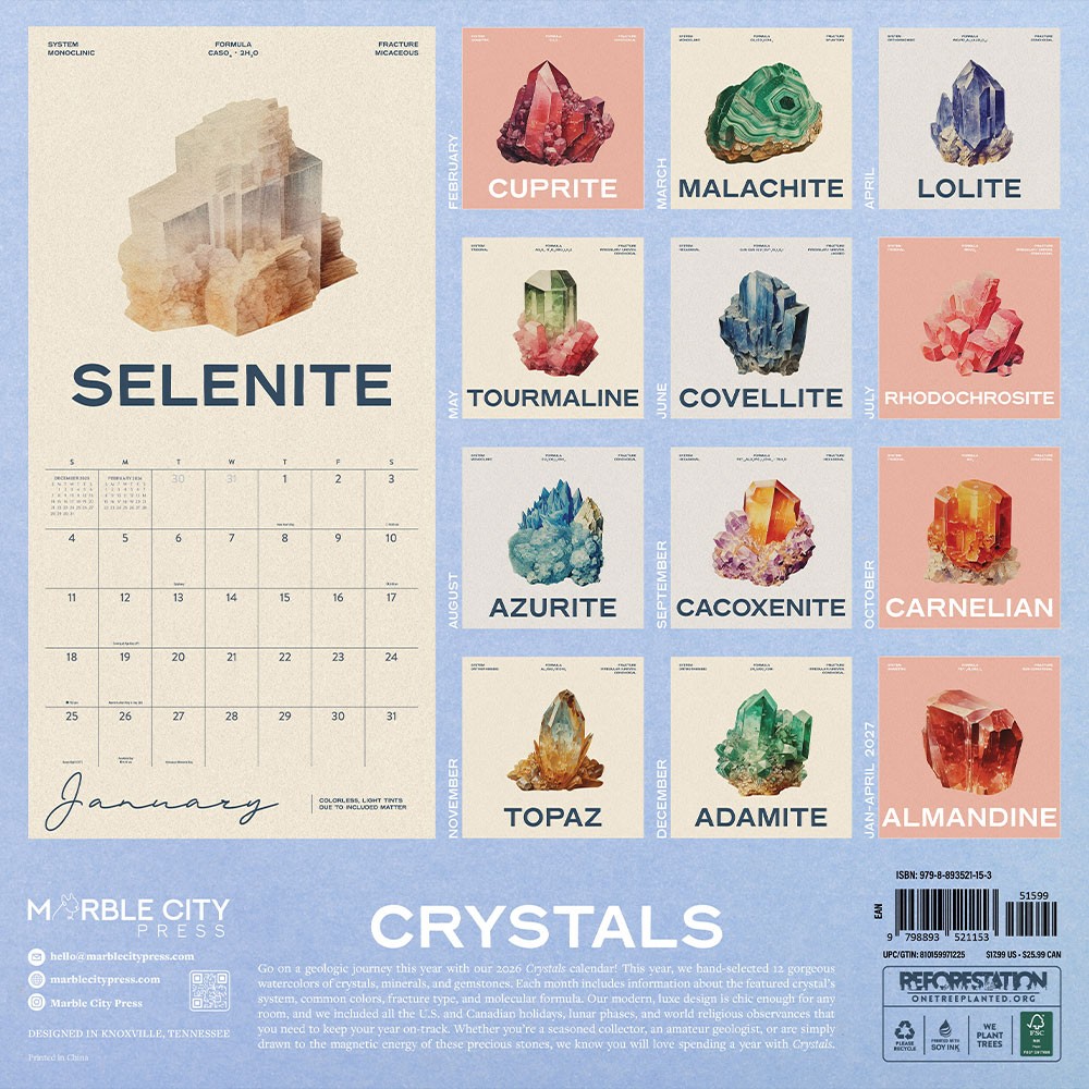 Crystals Calendar 2026 | 12″ x 24″ 12 Month Calendar | Marble City Press
