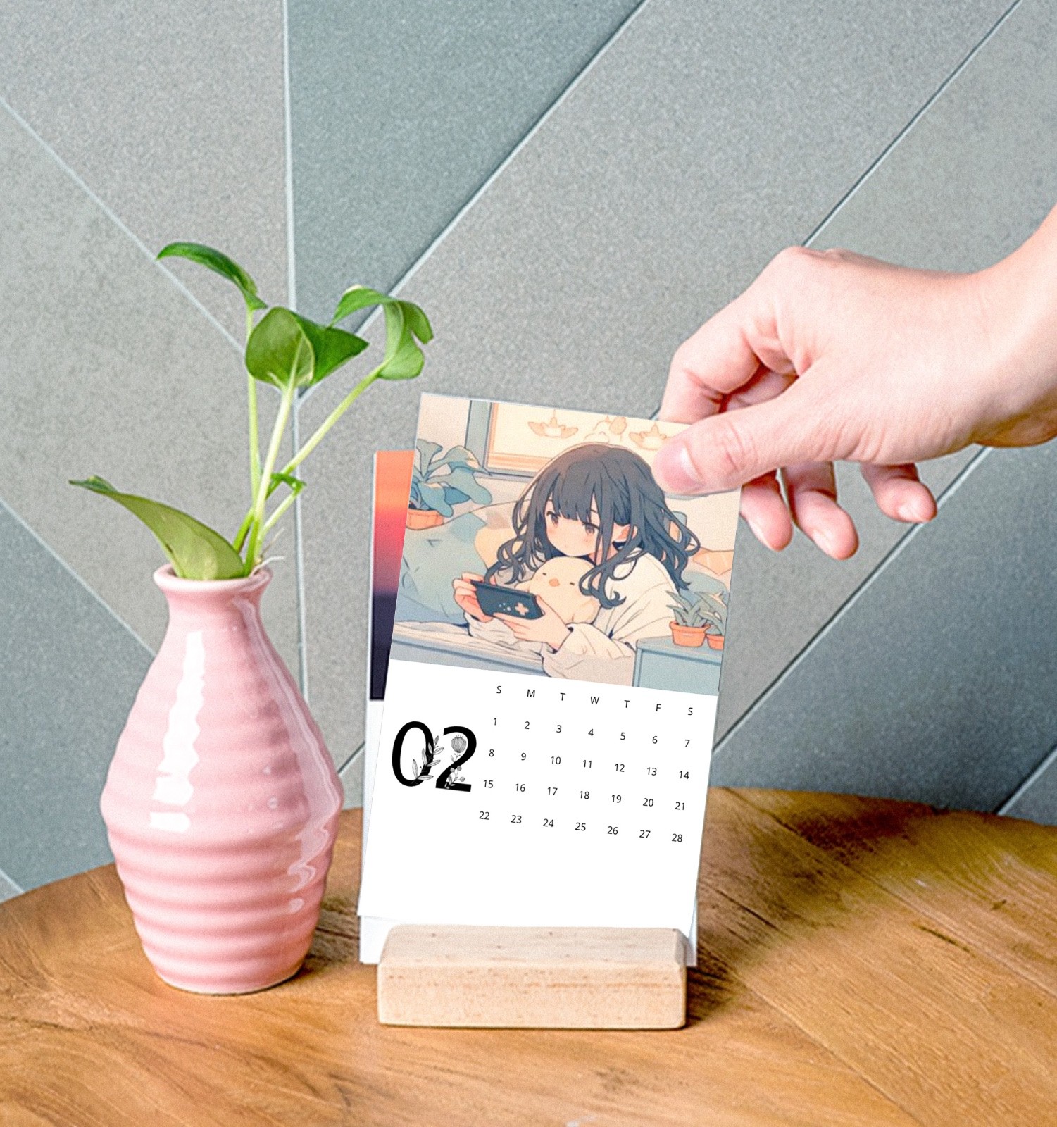 Kawaii Anime Girl Living Alone 2026 Desk Calendar, Wood Stand Vertical Calendar