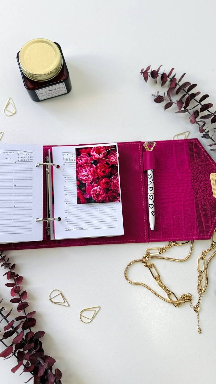 Pink leather notebook cover A7 binde rings mini wallet. Dated planner gift.