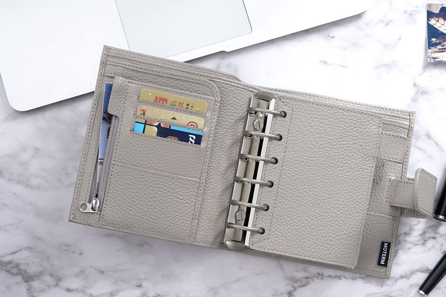 Pocket Luxe Planner – Genuine Leather Organizer with 30mm Rings in Pebble-Gray