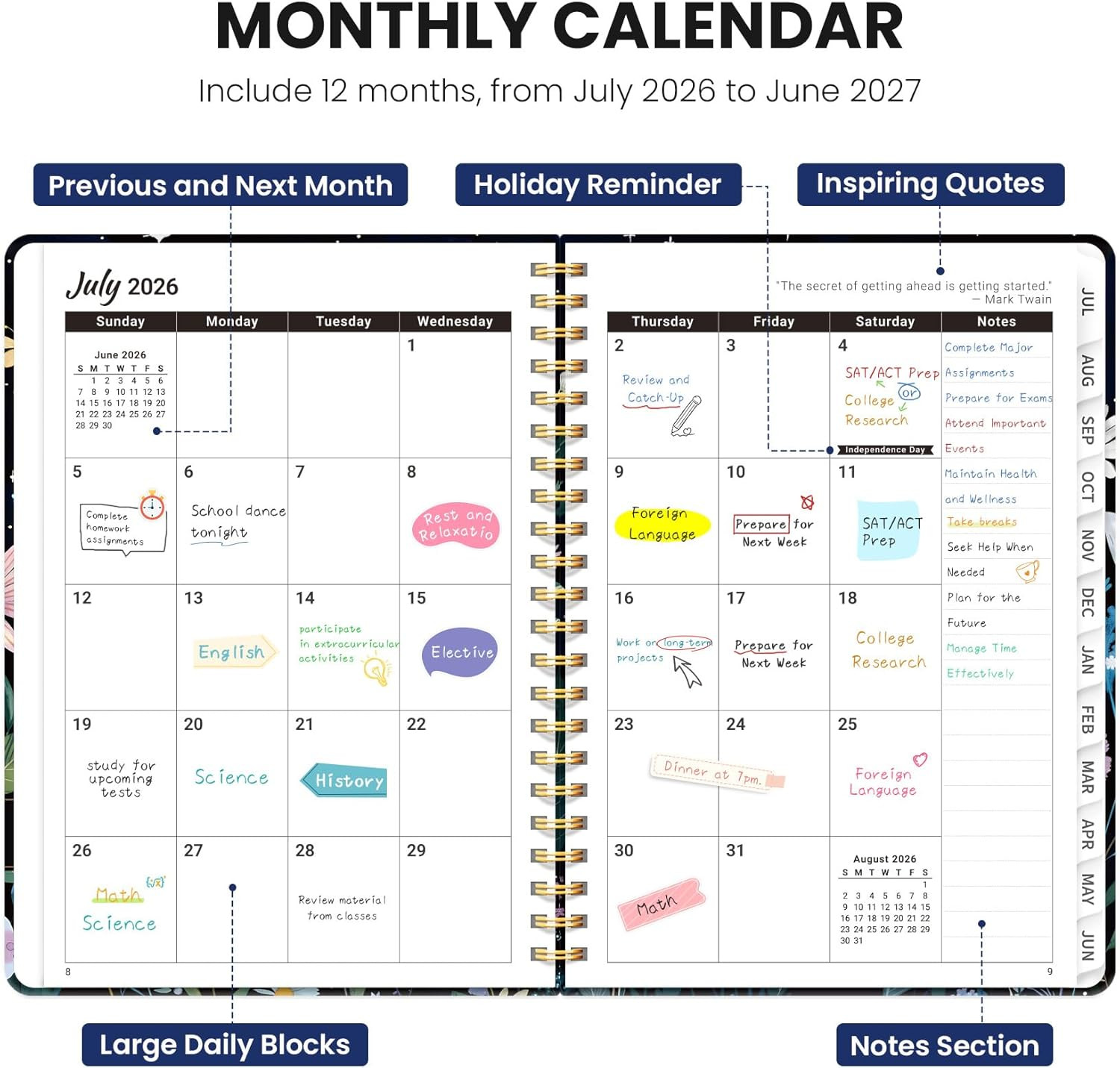 Planner 2026-2027, Hardcover Monthly and Weekly Academic Planner July 2026 – Jun