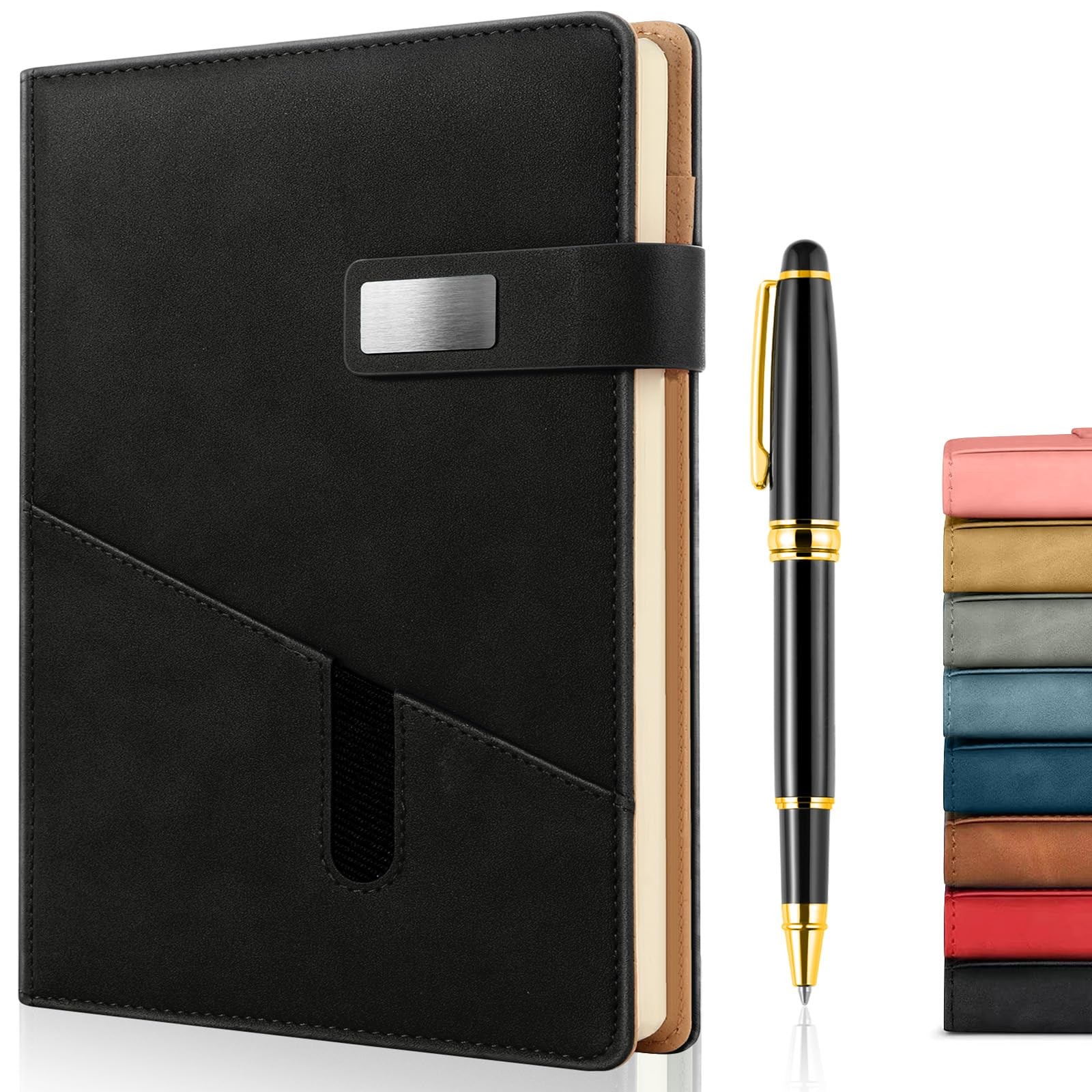 A5 Lined Leather Journal with Pen, 240 Pages Refillable Paper, Black