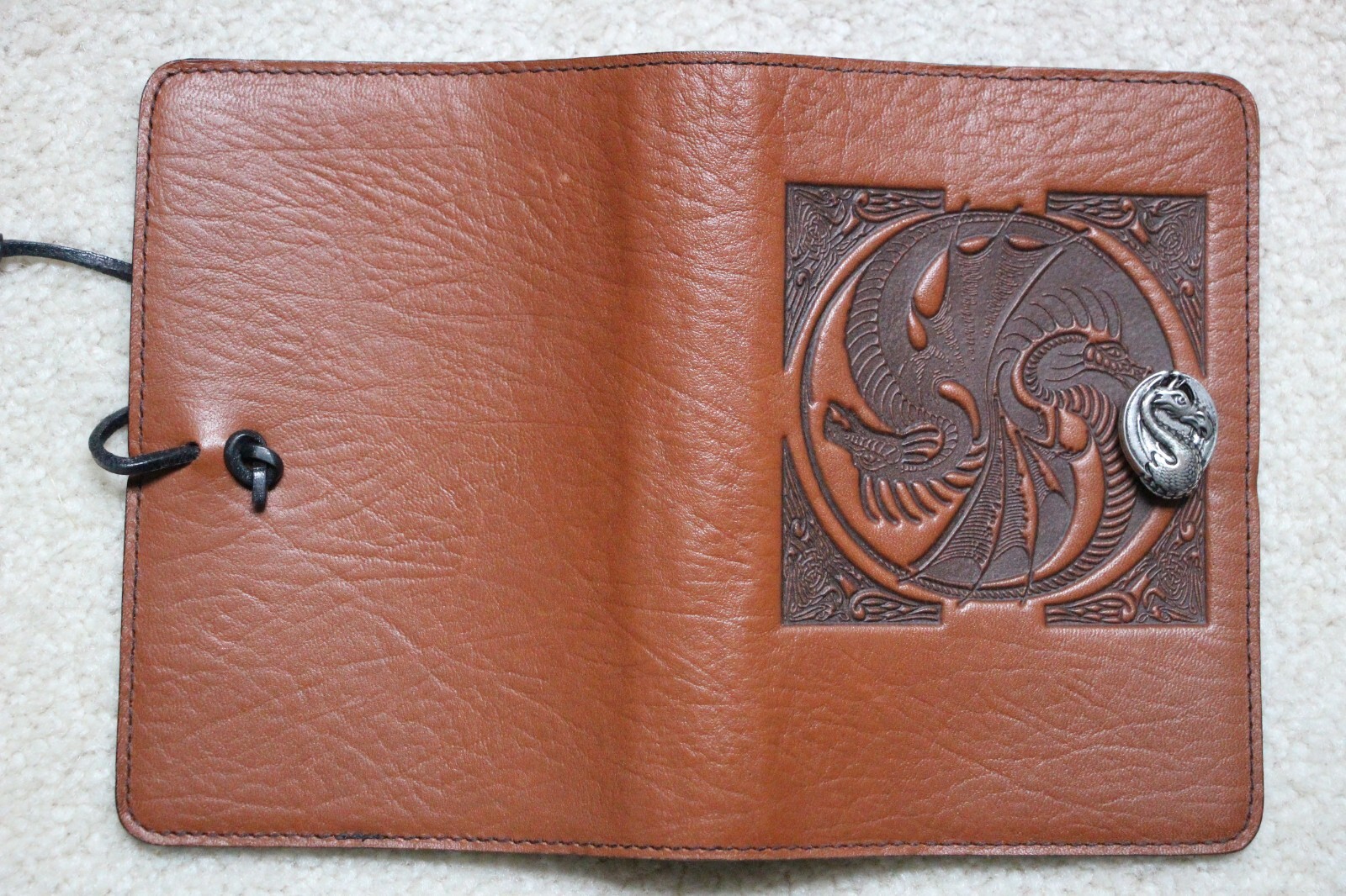 Oberon Design Leather Small Journal Cover YIN & YANG DRAGONS in SADDLE