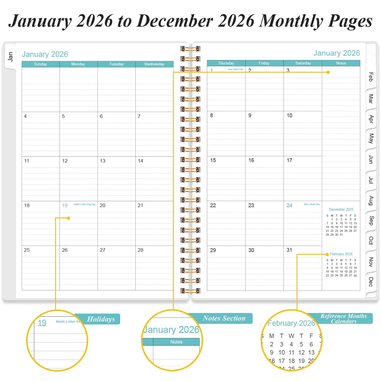 Planner 2026 One Page Per Day 12 Monthly Tabs 6.4″ x 8.5″ Rose Leaf