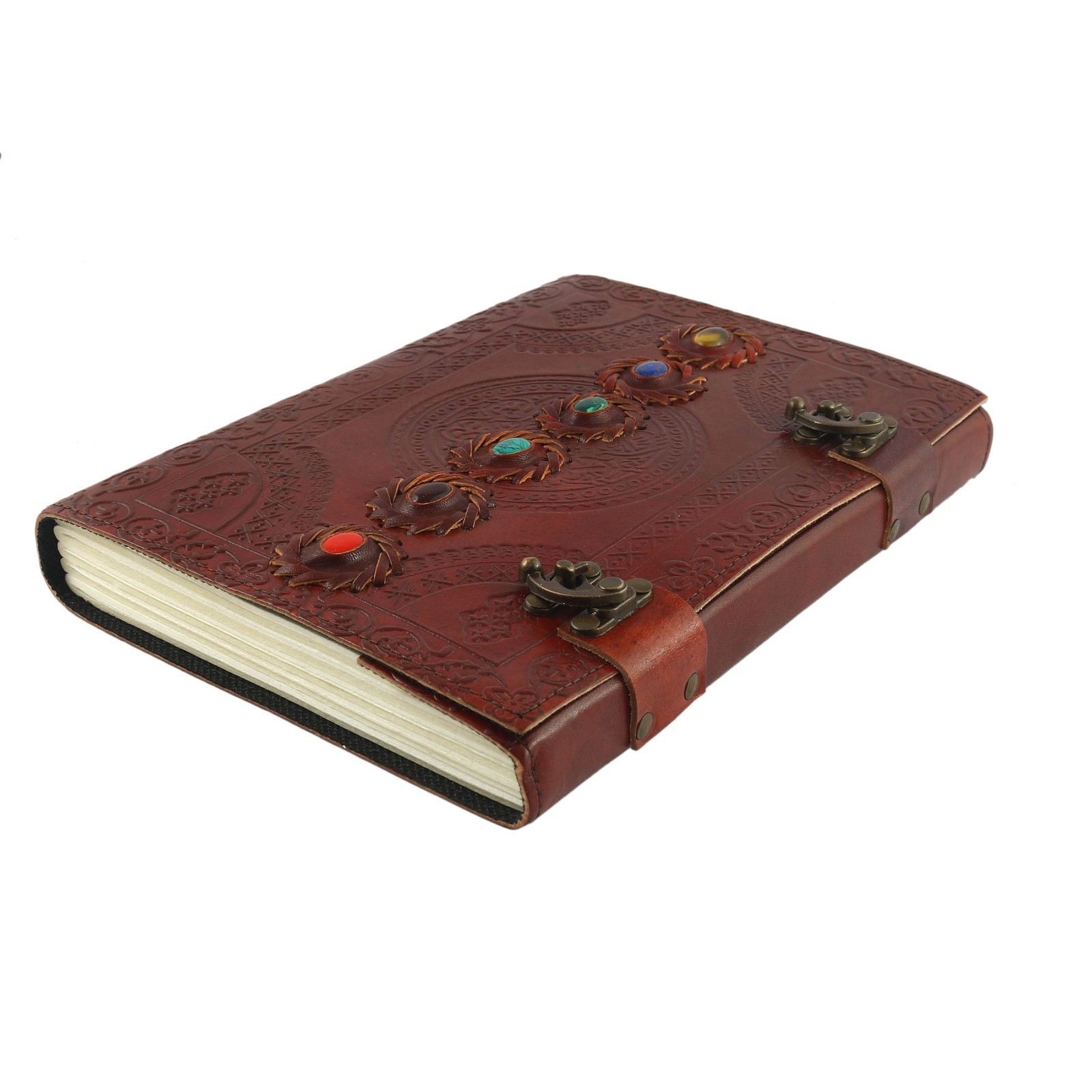 Handmade Brown Leather Journal Notebook with Stone Embellishments & Metal Clasp