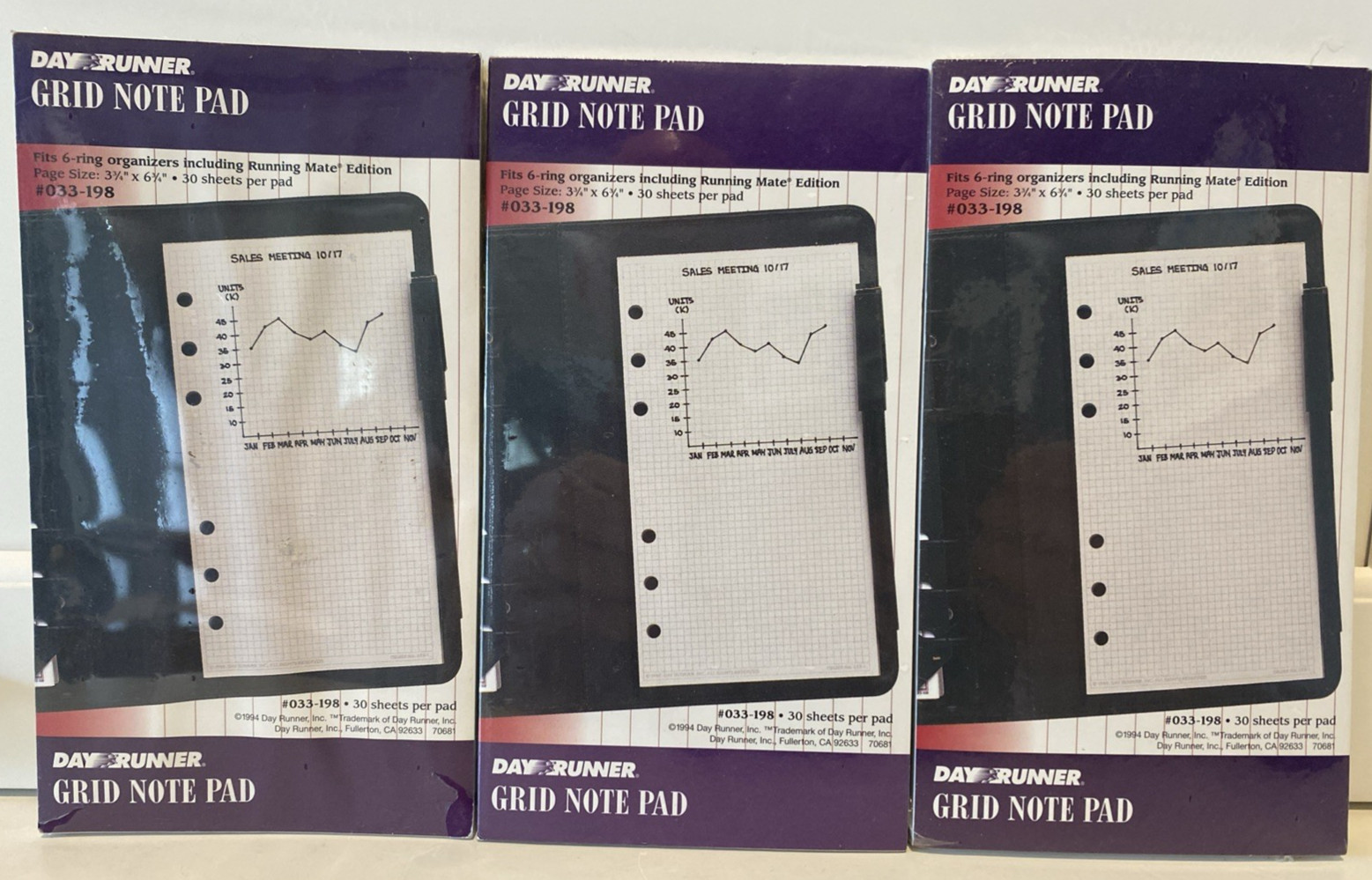 Lot 3 NEW Day Runner 033-198 Desgner Grid Note Pad Grey 30p Fits 6 ring 8.5×5.5″