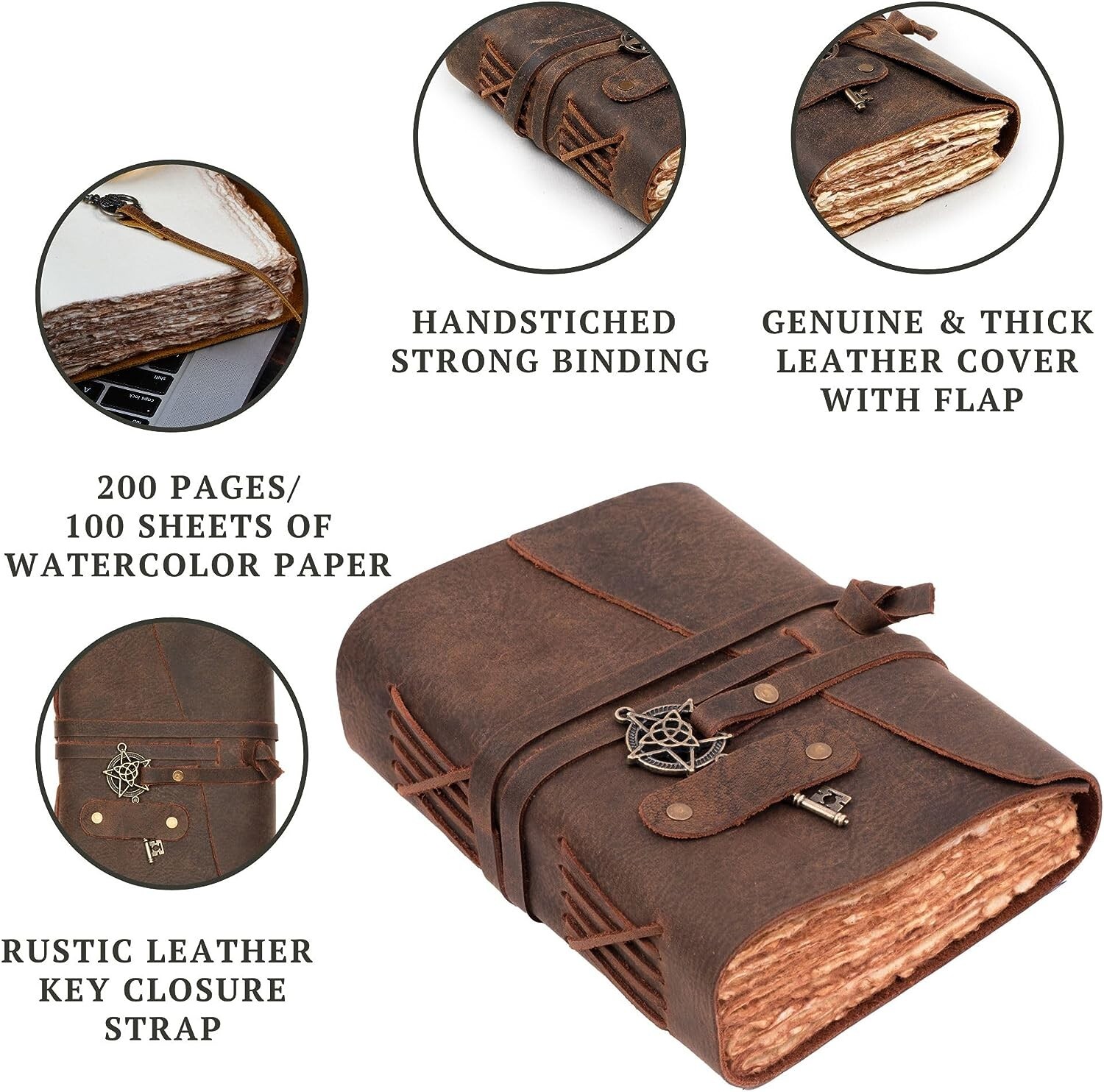 Leather Bound Journal with Key 7″X5″, Brown, 200 Dekle Edges Watercolor Paper