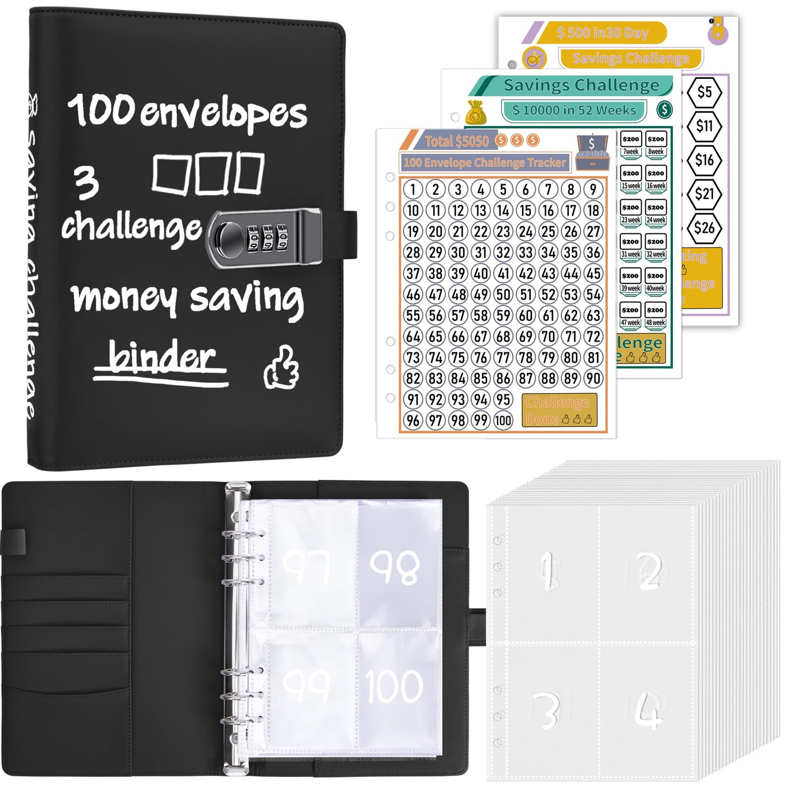 100 Envelopes Money Saving Challenge Binder with Lock, A5 Savings Binder Chal…