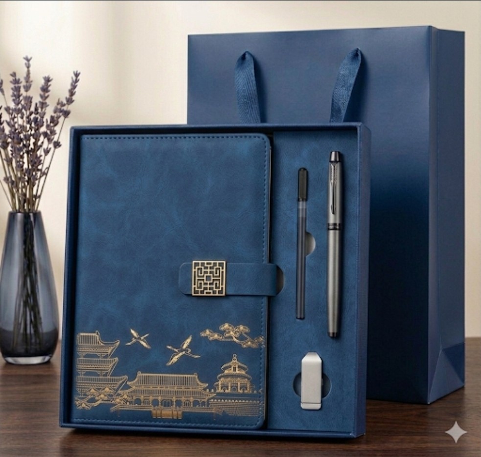 Premium Notebook Gift Set Blue/Gold Modern Abstract Theme