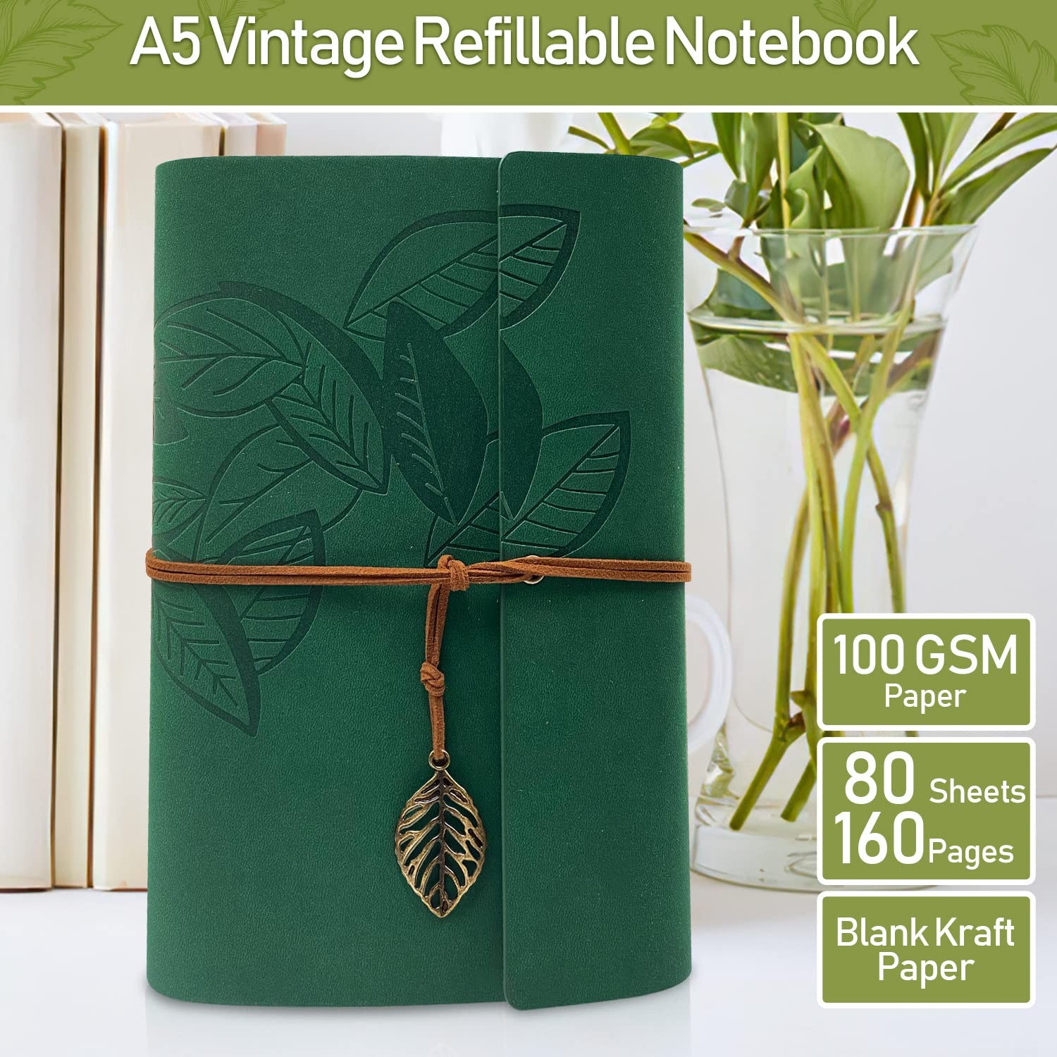 PU Leather Journal Notebook, Vintage Refillable Bound Travel A5 Grün, Green