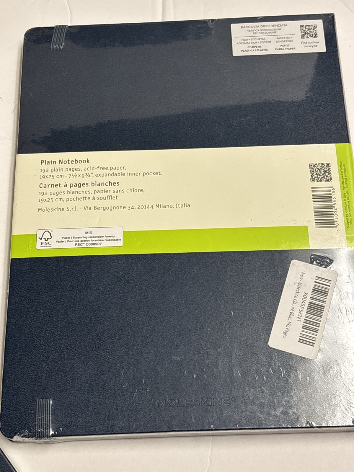 MOLESKINE CLASSIC PLAIN NOTEBOOK, EXTRA LARGE, NAVY BLUE HARD COVER 192 Pages