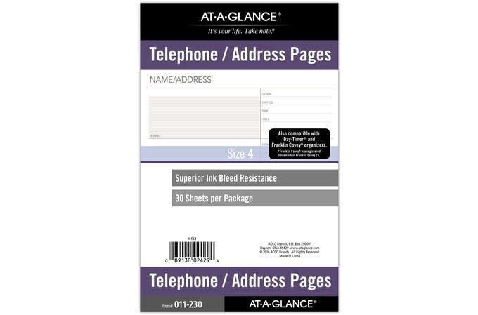 AT-A-GLANCE 011-230 Telephone Address Pages, Loose-Leaf, 7 Ring, 5.5″ x 8.5″