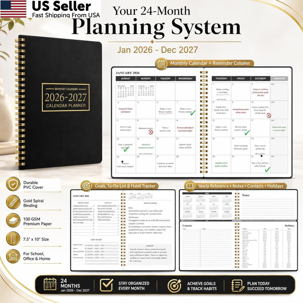 Monthly Planner 2026-2027, Jan 2026 – Dec 2027, 2 2026 – Black