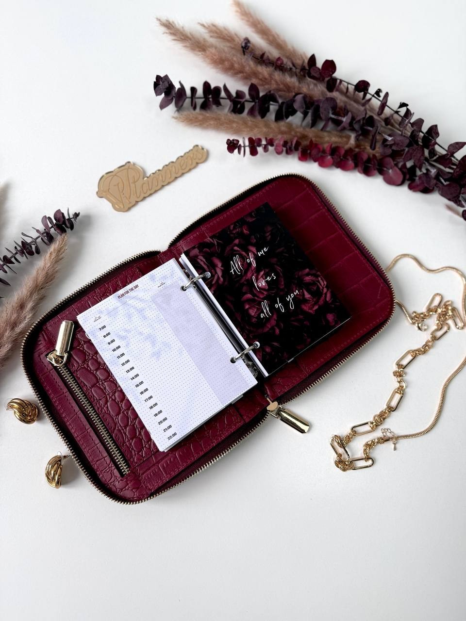 Luxurious Burgundy Genuine Leather A7 Pocket Planner – Golden Leopard Edition
