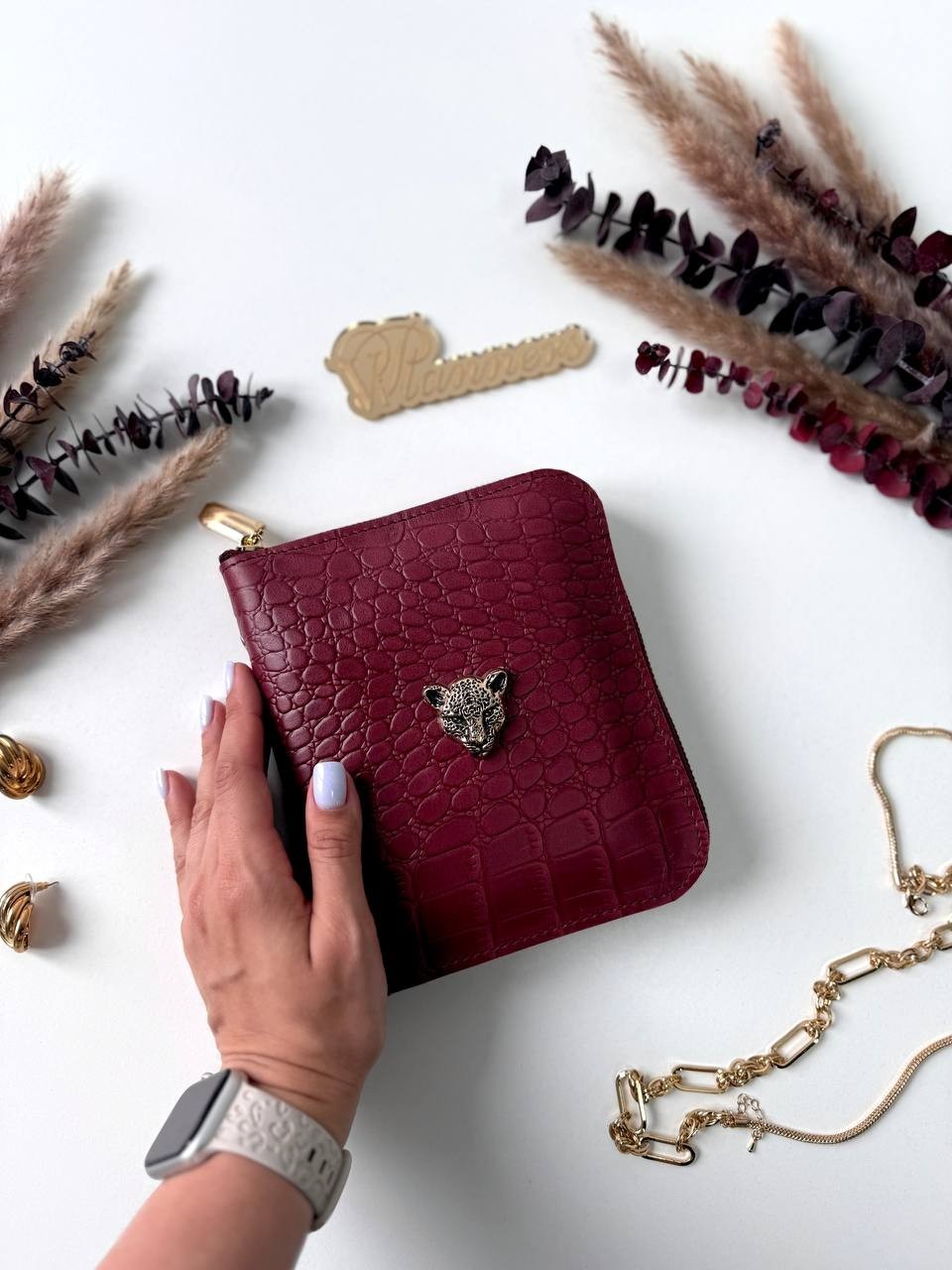 Luxurious Burgundy Genuine Leather A7 Pocket Planner – Golden Leopard Edition