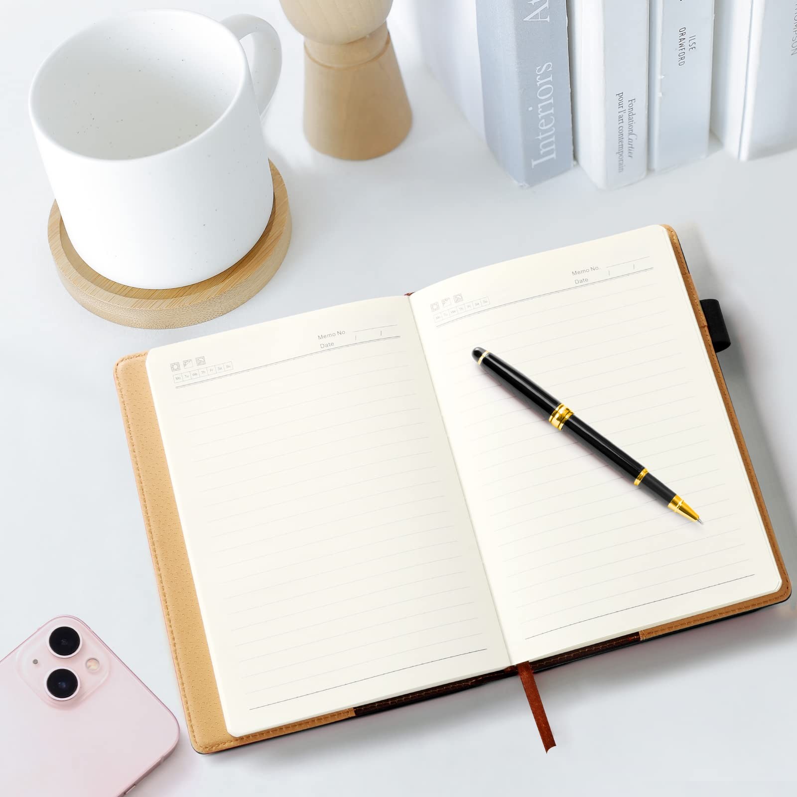 A5 Lined Leather Journal with Pen, 240 Pages Refillable Paper, Black