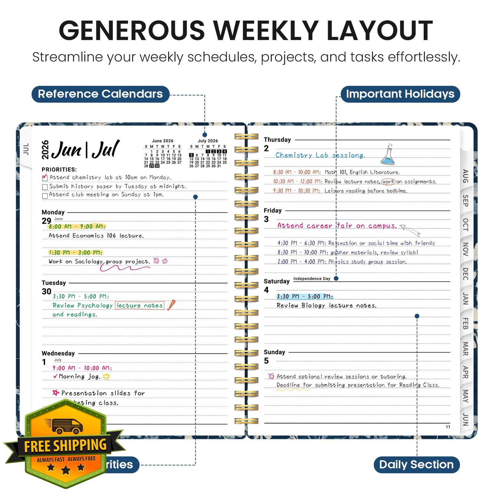 Planner 2026–2027, Academic Year Monthly and Weekly Calendar Book, Jul 2026–J…