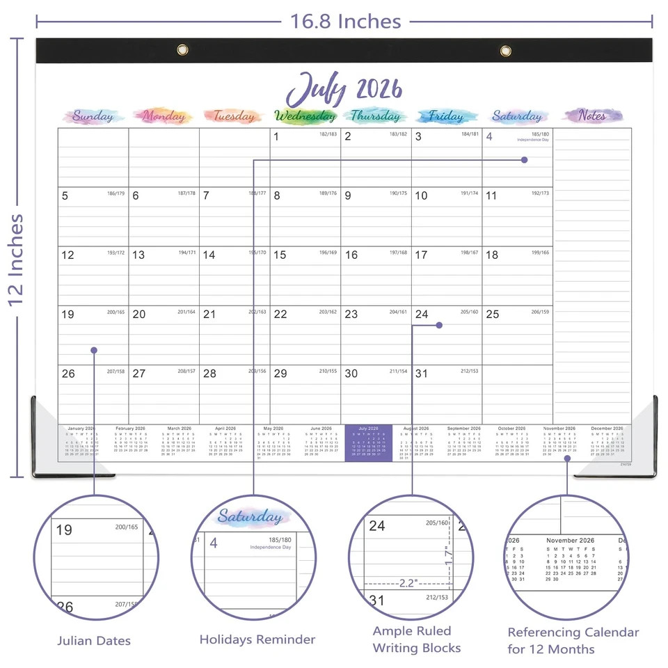 2026-2027 Desk Calendar – July 2026 – December 2027, 17″ x 12″, White