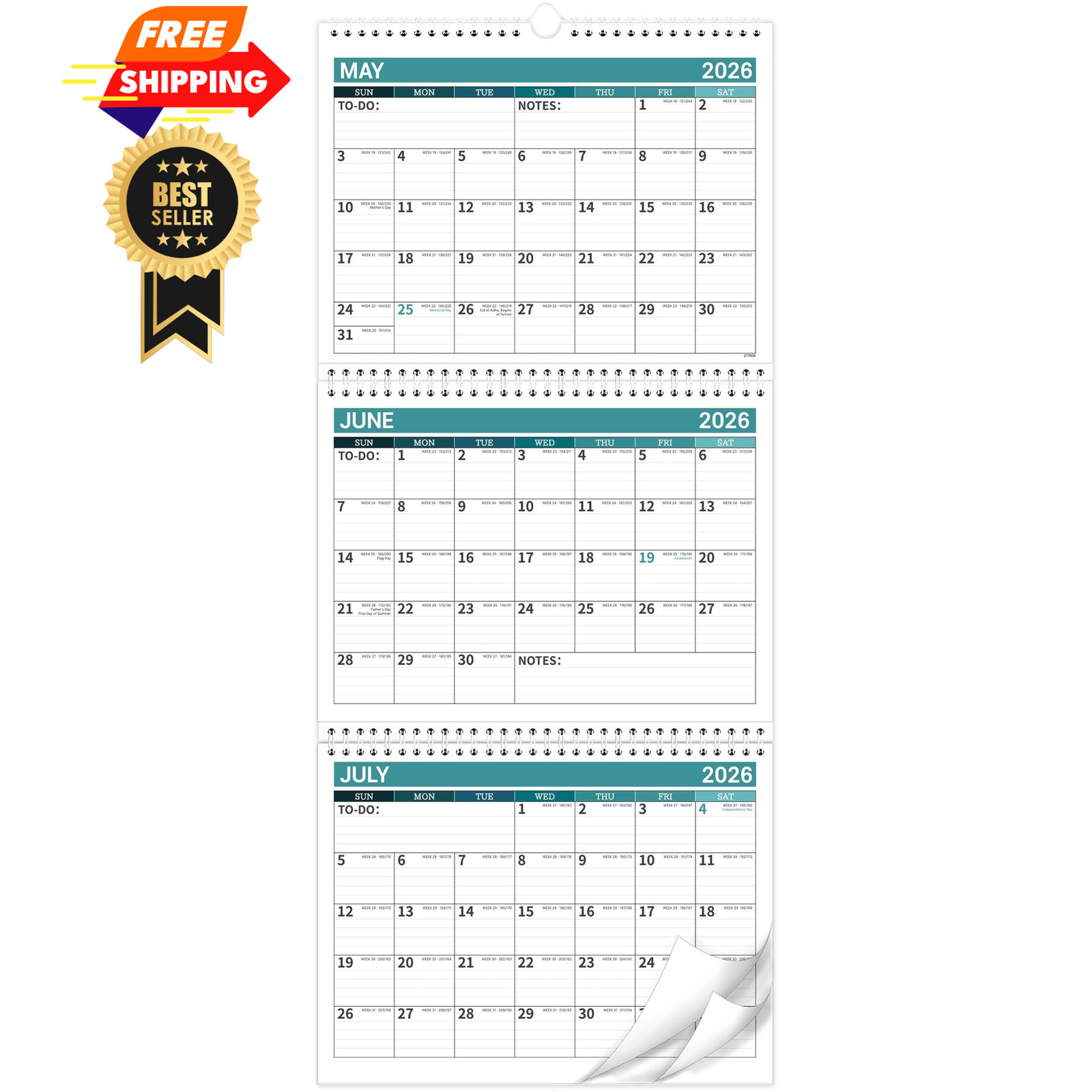 3 Month Calendar 2026-2028 – Wall from MAY 2026 Lake Blue