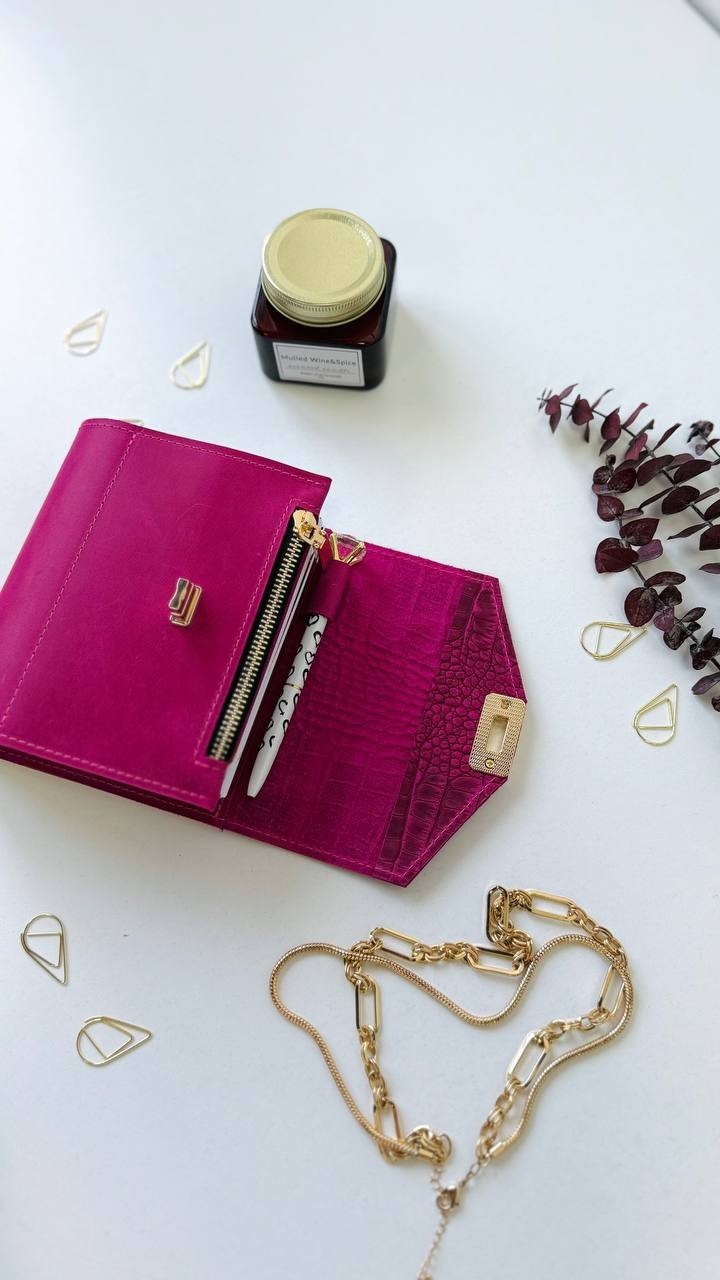 Pink leather notebook cover A7 binde rings mini wallet. Dated planner gift.