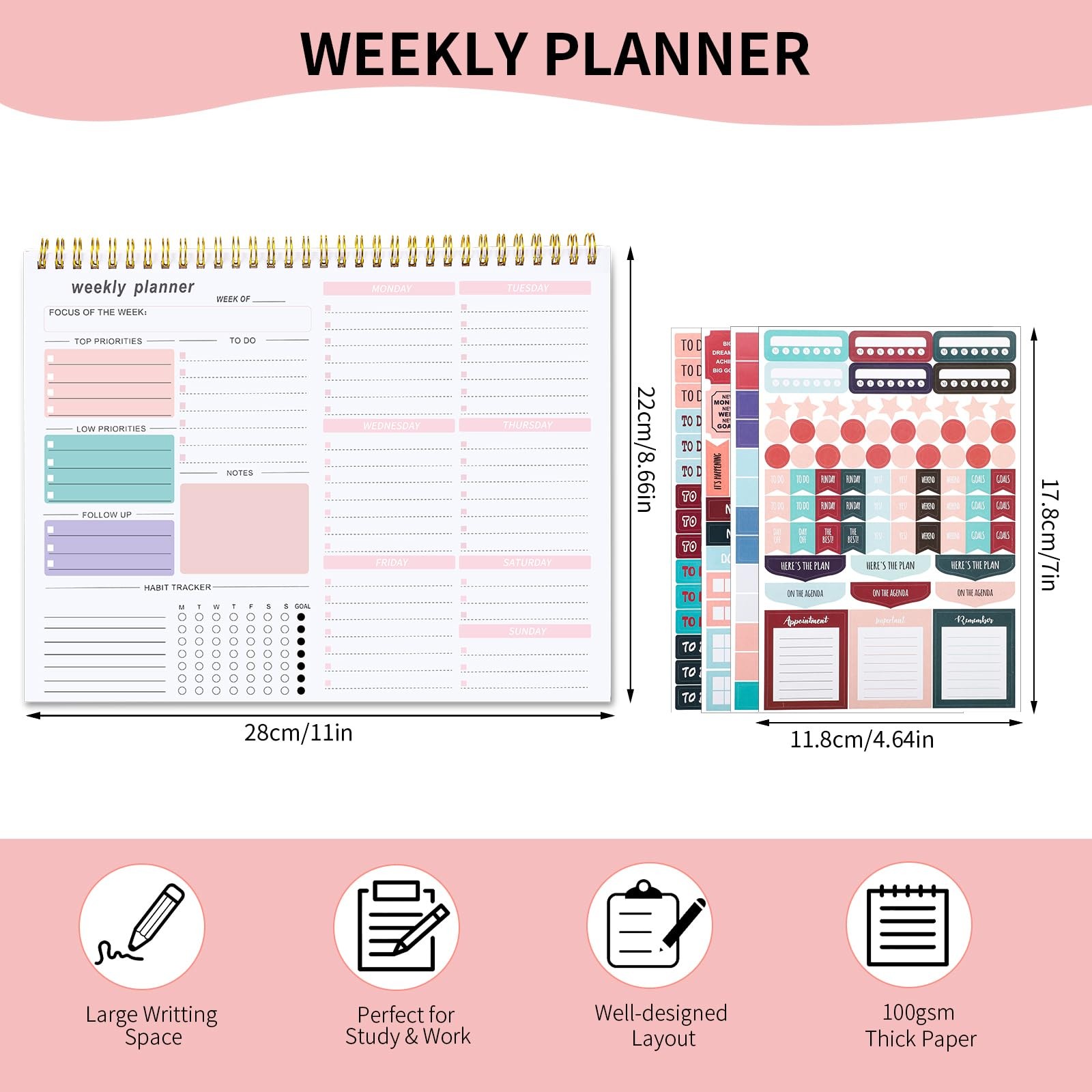 Weekly To Do List Notepad, 8.5”x11” Desk Planner 8.5×11 inches, Pink