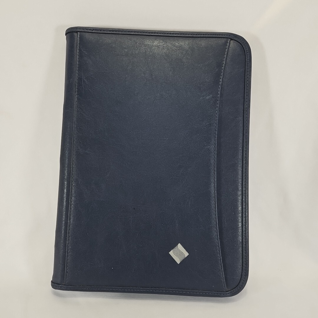 LEED’S Navy Blue Leather Organizer Folio Case Notepad Planner Folder Zips