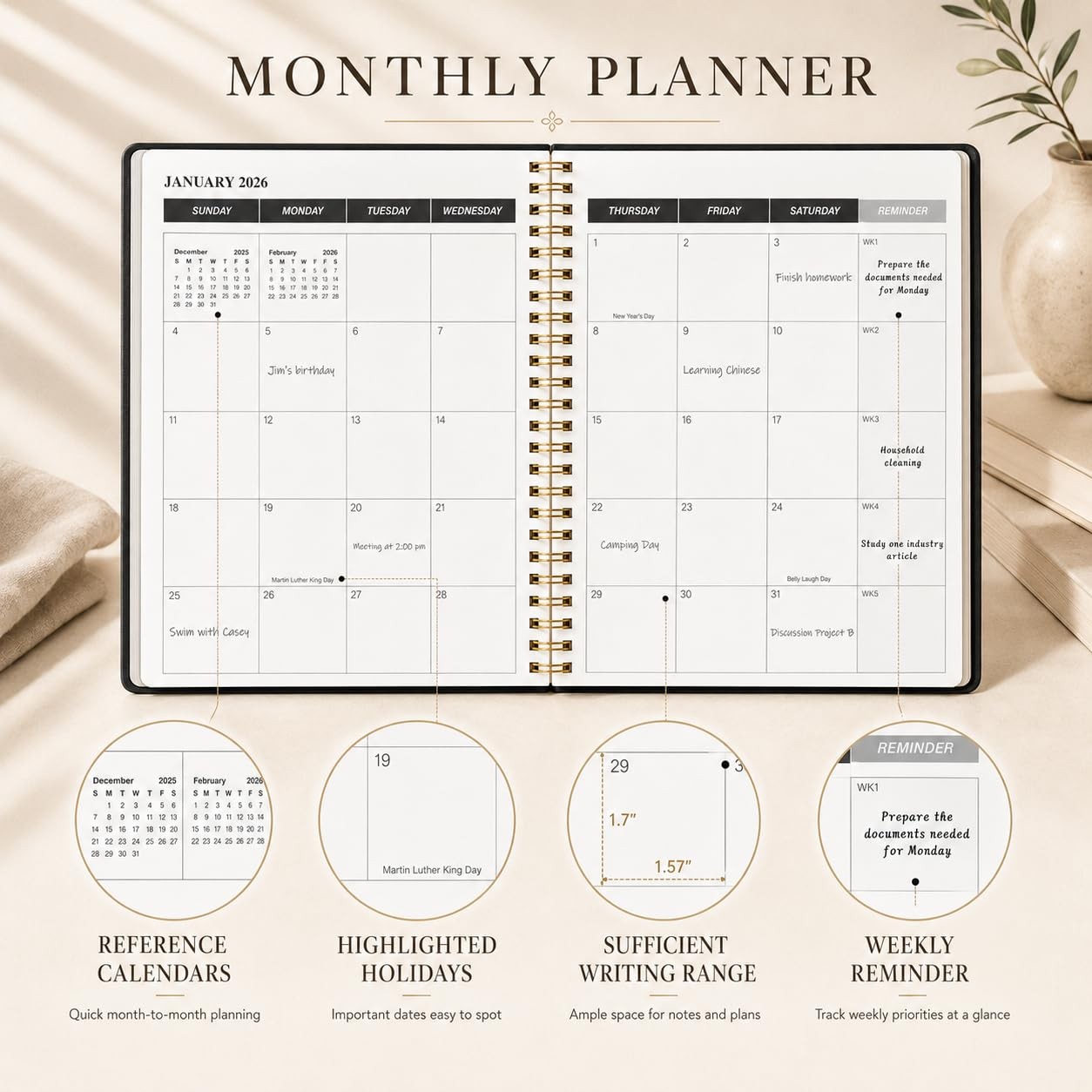 KMQOY Monthly Planner 2026-2027, 2026 Calendar 24 Months Planner, Jan Black