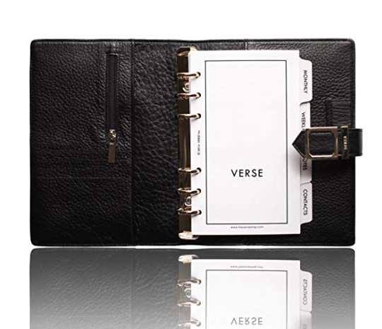 New luxurious Black Leather planner agenda, perpetual calendar, gold color hardw