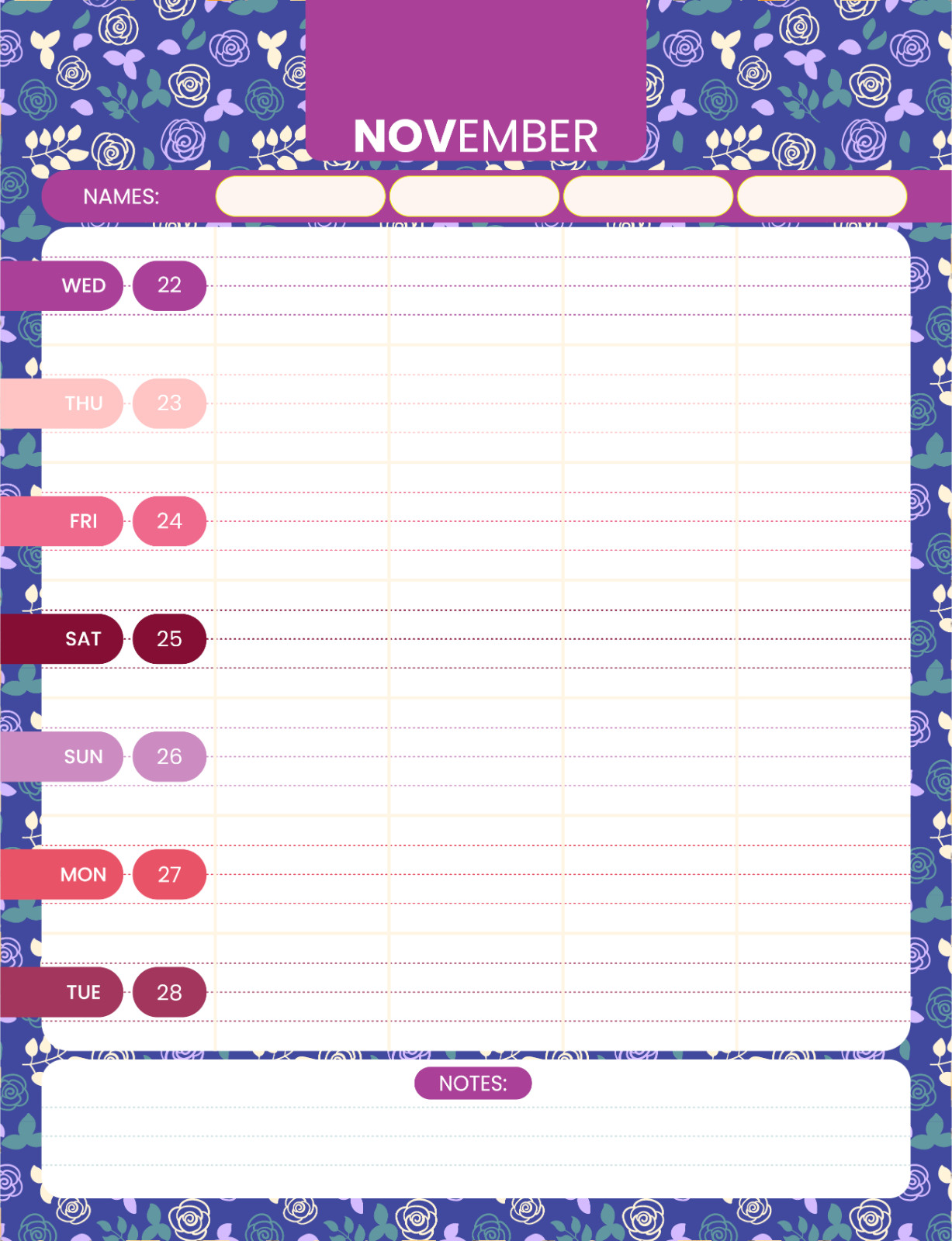 Family Planner 2023 – 4 columns, 12 months, Floral themes / Instant download.pdf