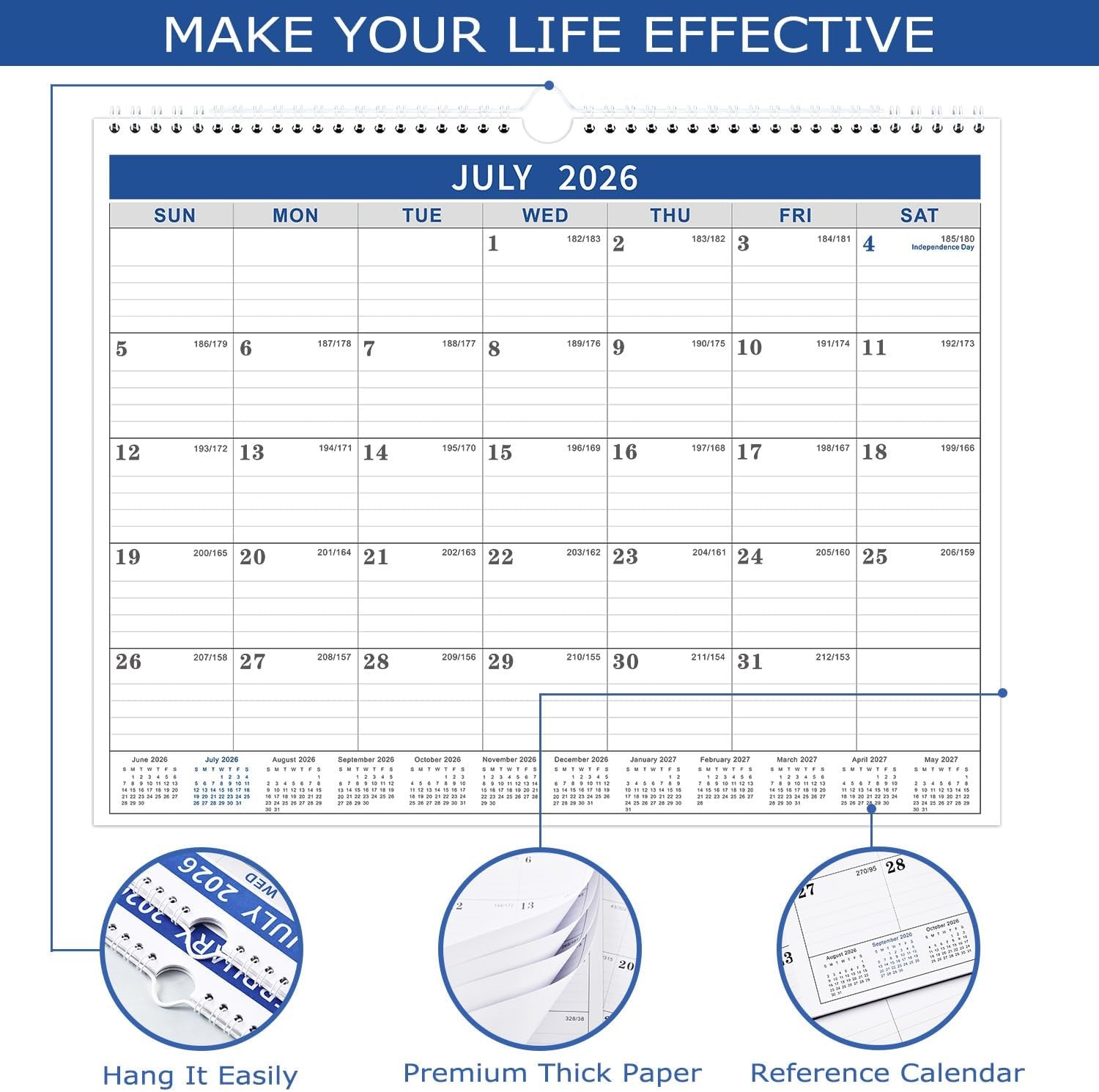 2026 Calendar – 2026 Wall from Jan. 2026 – Dec.2026, blue
