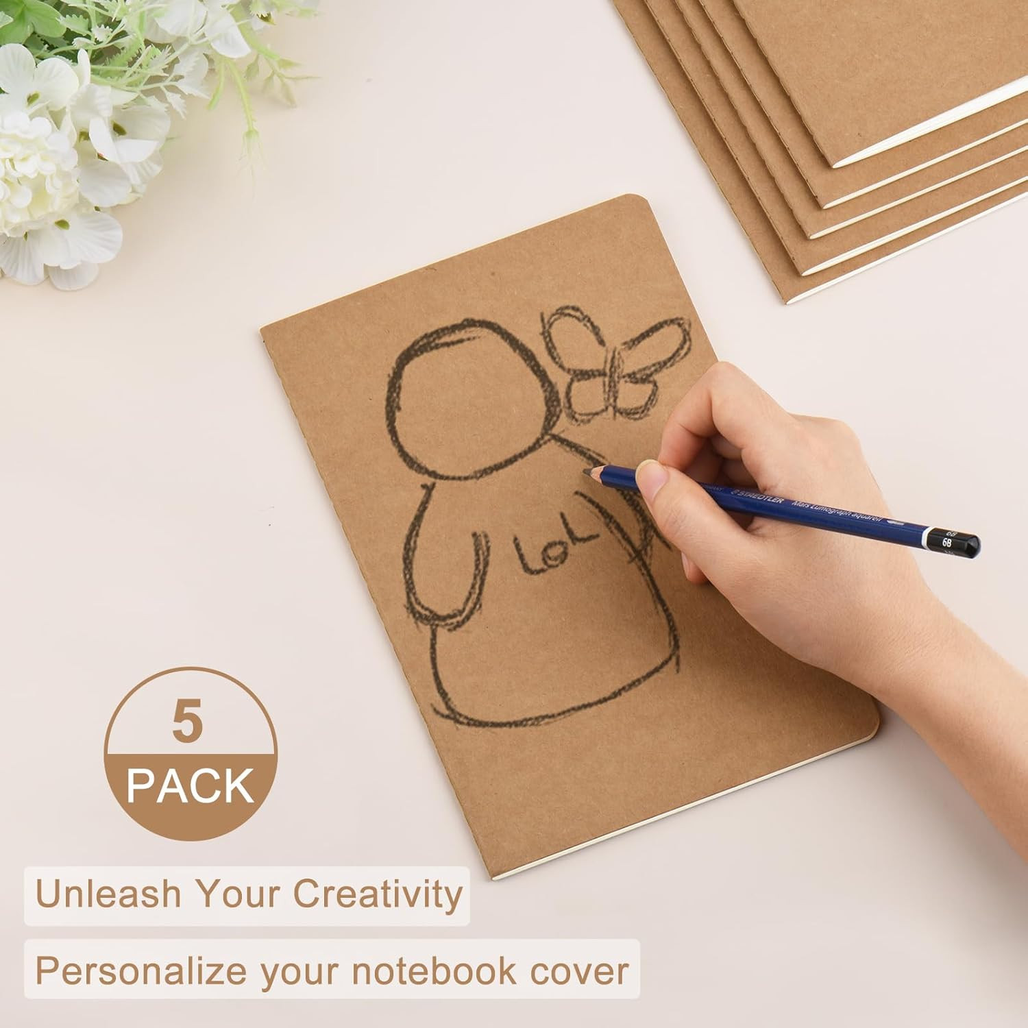 5 Pack A5 Kraft Notebooks Bulk, 8.15×5.5 Inches Lined Paper Journaling Notebooks