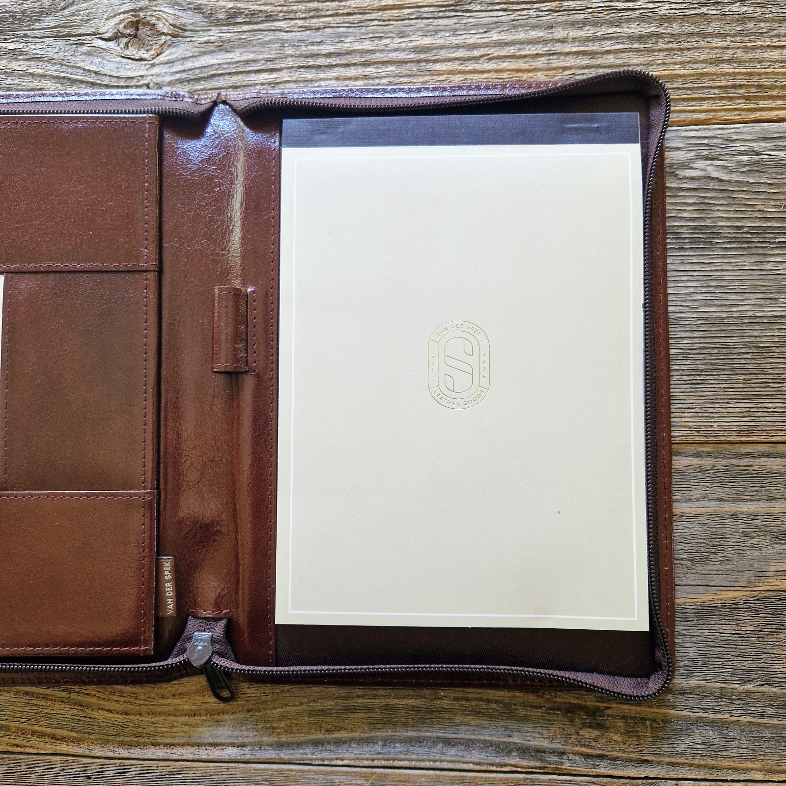 Van der Spek Luigi Raphael A5 Zip Chestnut Leather Writing Case w/ Notepad