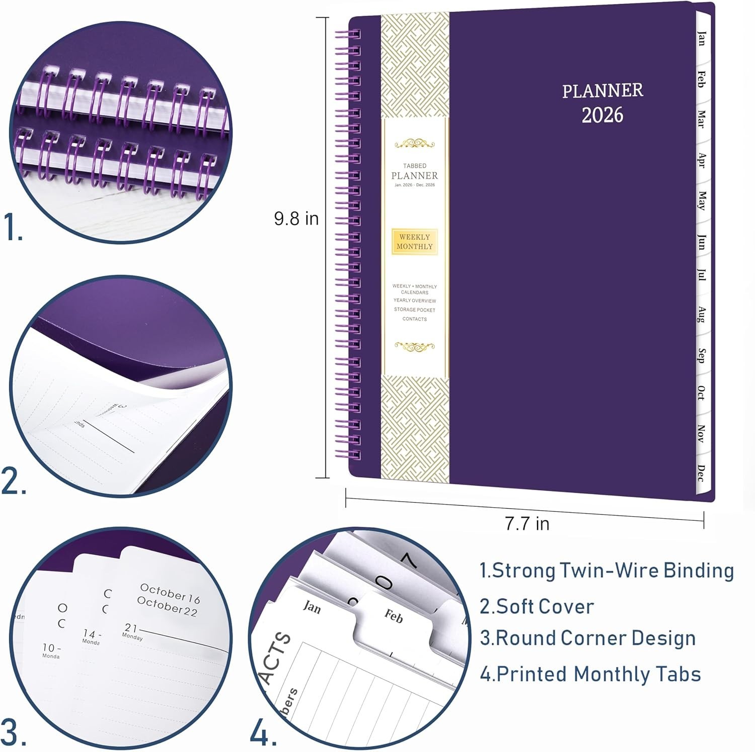 Elegant 2026 Planner with 12 Monthly Tabs – Spiraled & Waterproof Cover