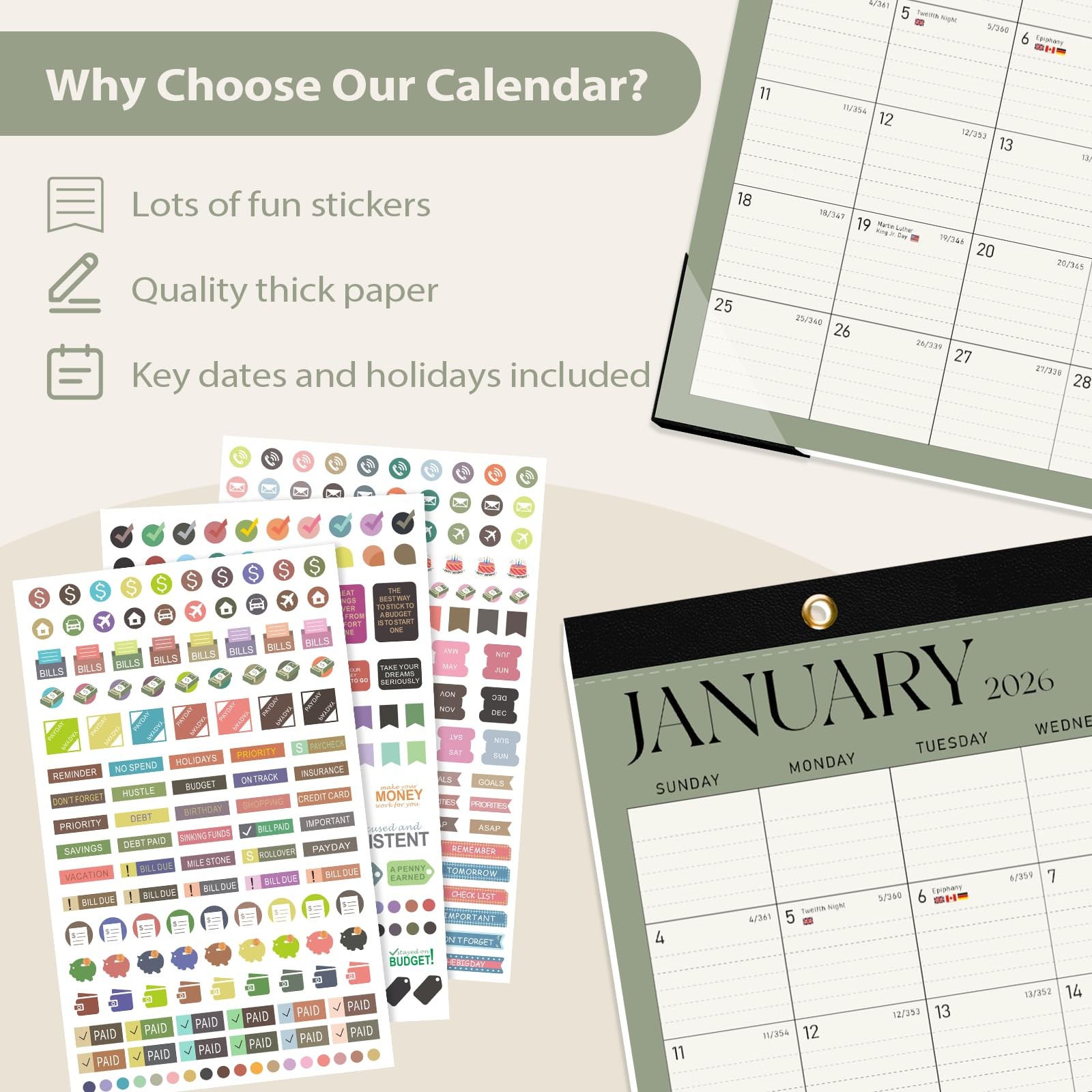 2026 Desk Calendar, Large Desktop/Wall 17″x12″(Jan 2026-Jun 2027）, Green