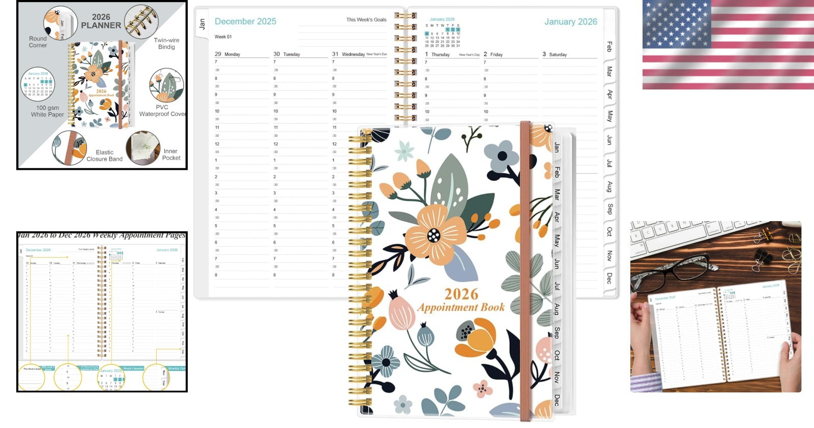 Elegant 2026 Daily Hourly Planner, 6.4” x 8.5”, Rose Color, 30-Min Intervals