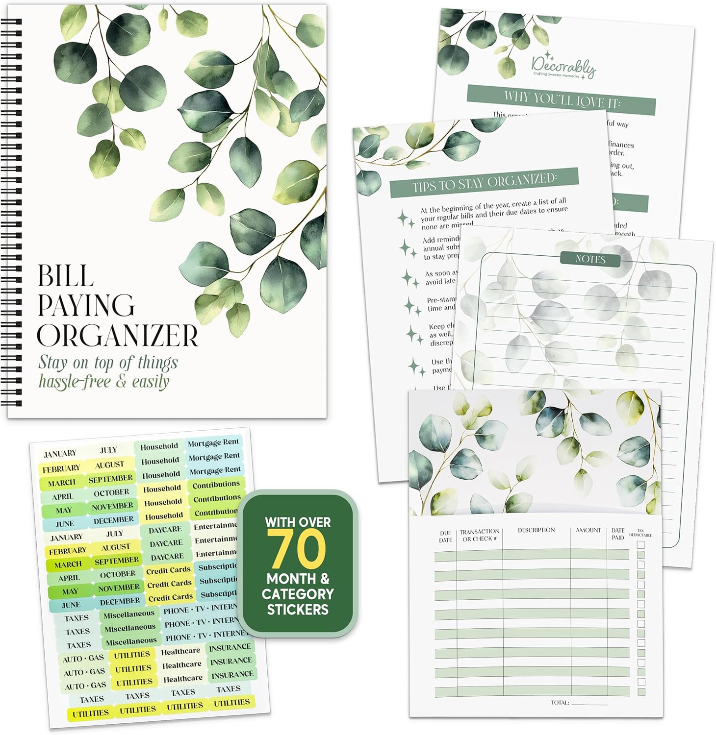 14 Pages 9x12in Eucalyptus Monthly Bill Organizer with Pockets | Undated Spri…