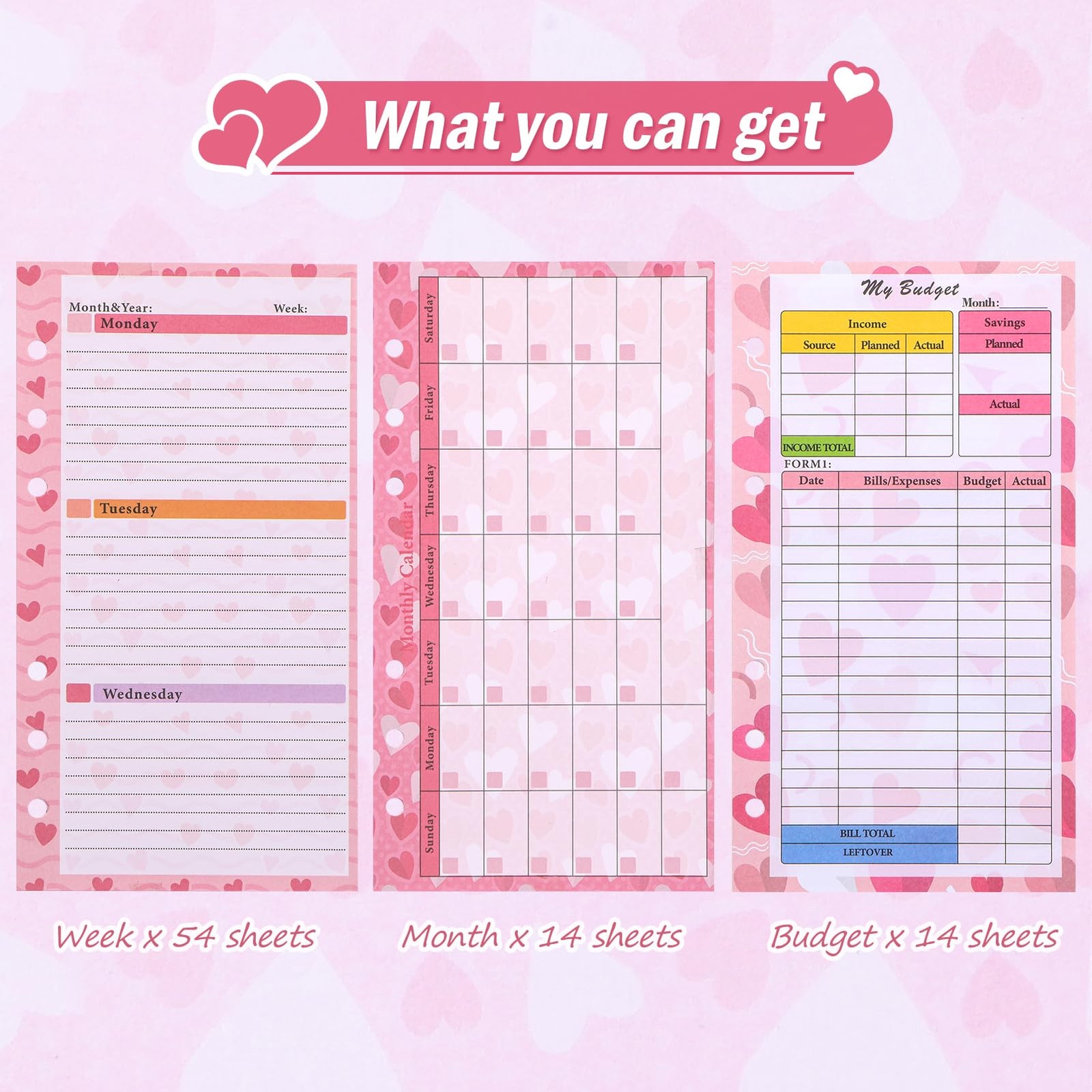 Toplive 3 Pack A6 Planner Refill Paper & Budget Sheets, Monthly 3 Pack, Pink