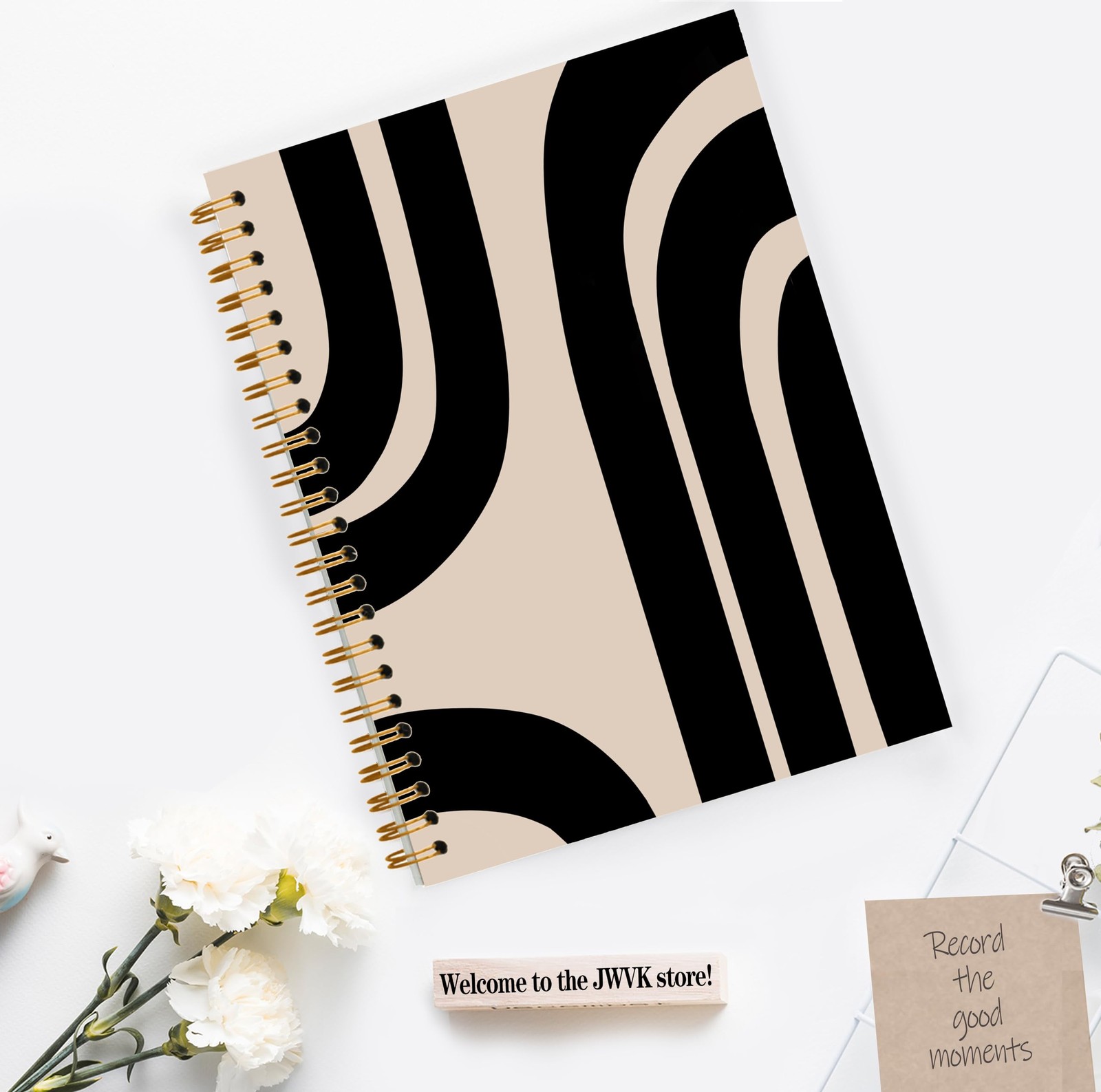JWVK Boho Notebook, Abstract Black and Beige Minimalist Line Spiral color_1