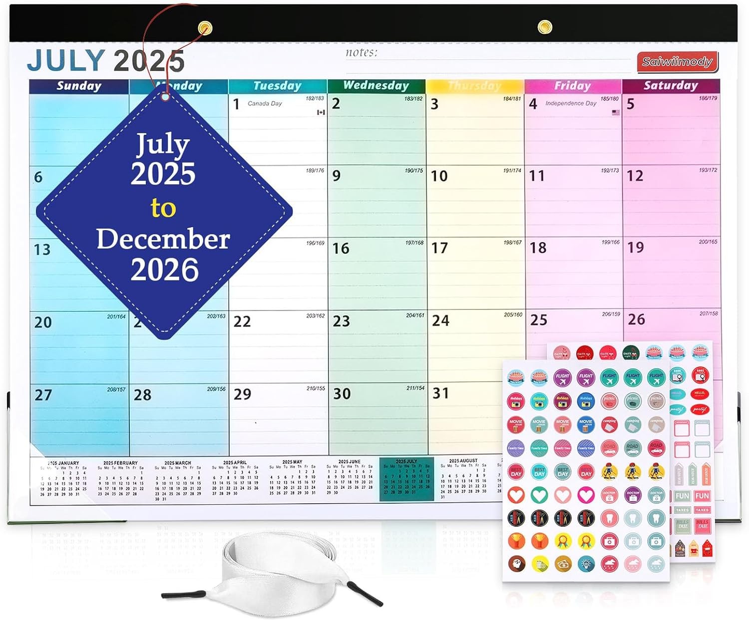 Desk Calendar 2025-2026 with Stickers 17 x 12 inch JUL. Medium, Colorful