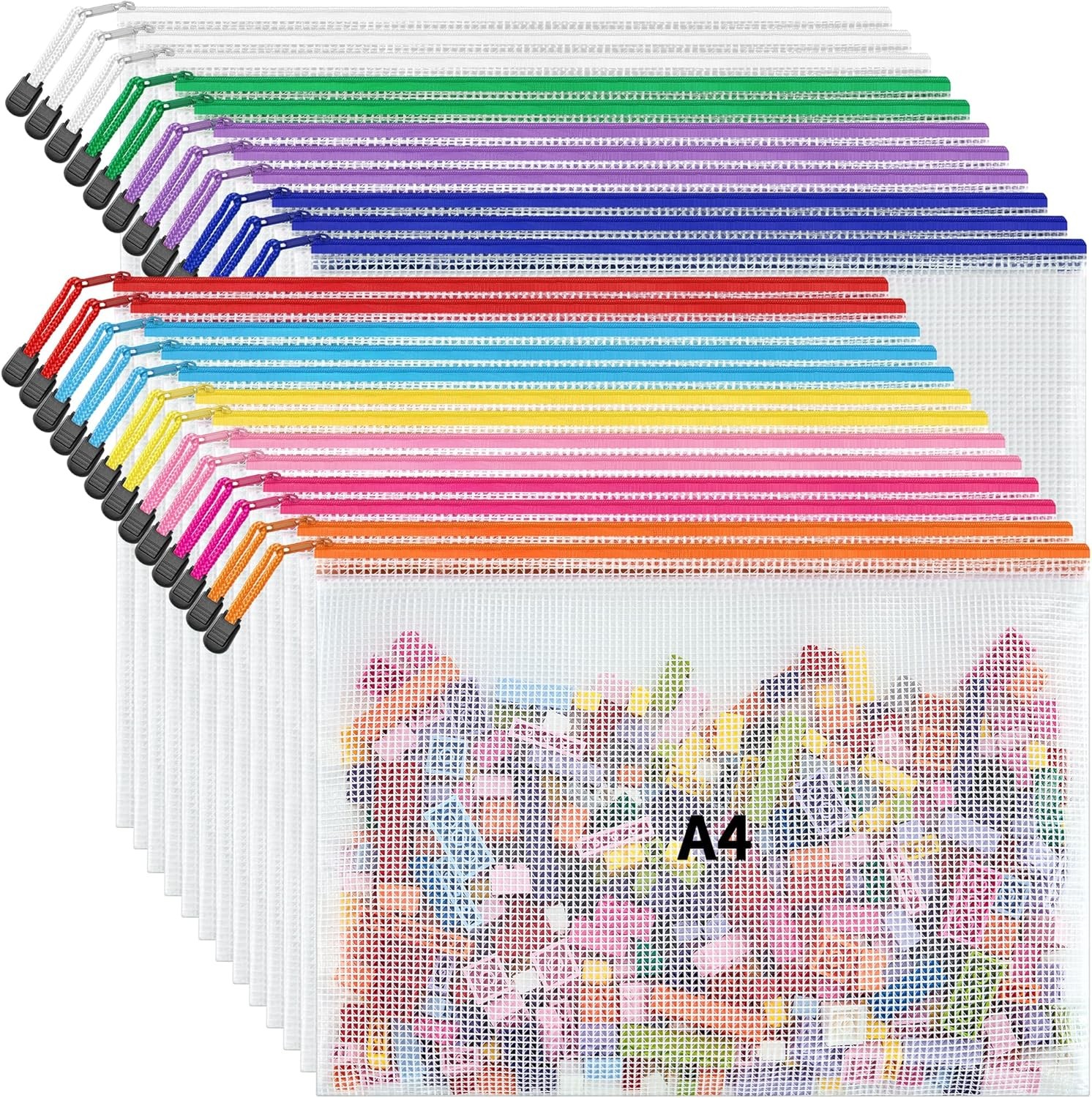 JARLINK A4 Letter Size 24 Pack 10 Colors Zipper Mesh Document Pouch, Mesh Bags f