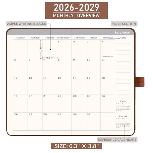 3-Year Monthly Pocket Planner 2026-2029, Faux Leather, 3.8″x6.3″, Pen Holder, 2